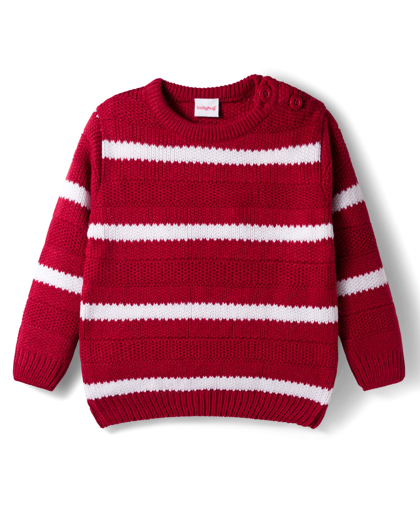 Babyhug Knitted Full Sleeves Striped Pullover Sweater - Maroon & White-image-42
