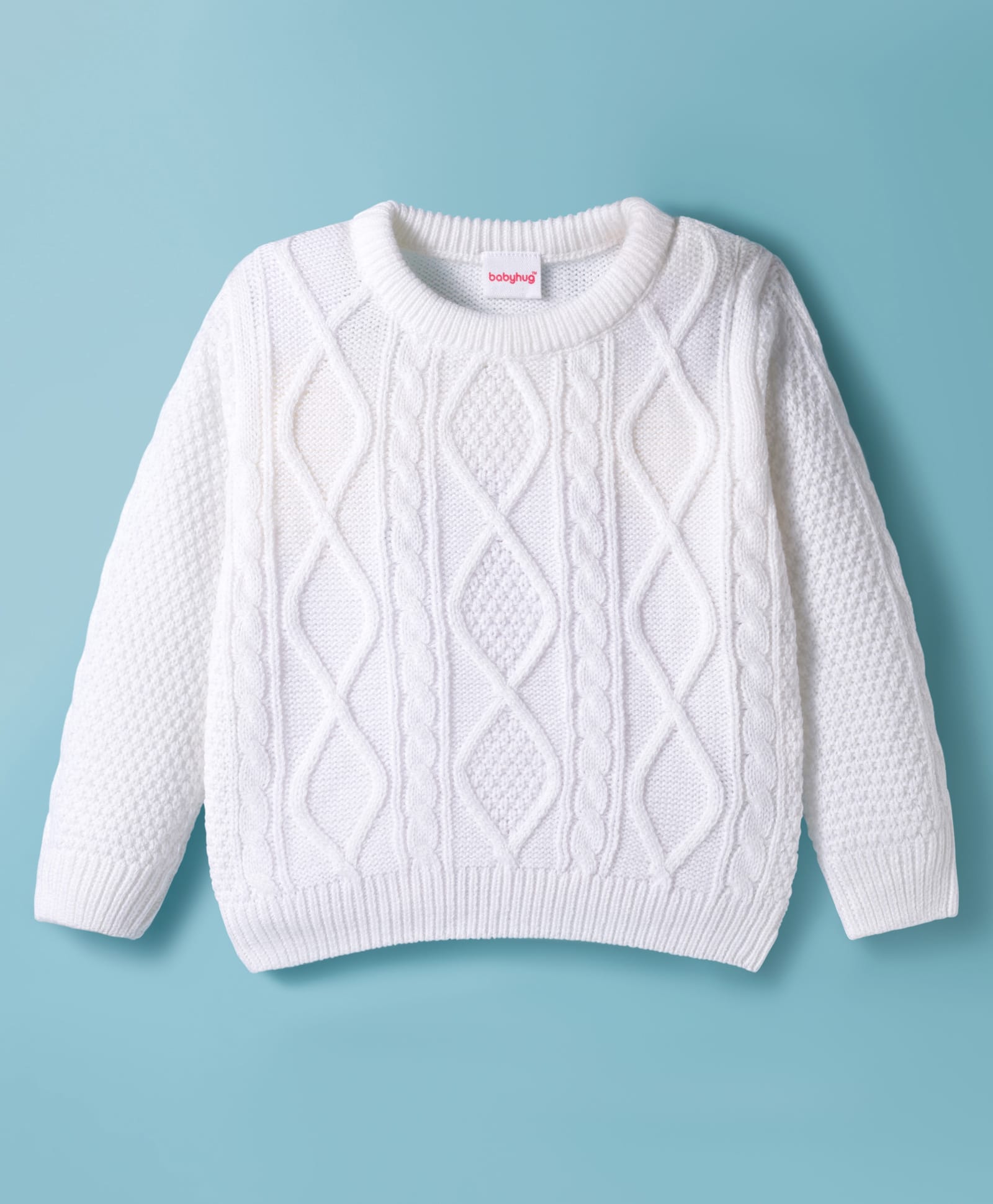 Babyhug Knitted Full Sleeves Pullover Sweater With Cable Knit Design - White-image-33
