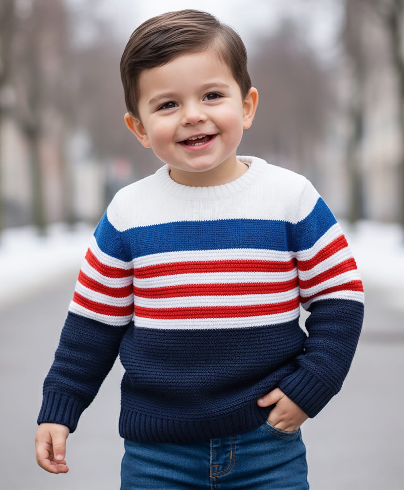 Babyhug Knit Full Sleeves Pullover with Stripe Design - White & Navy Blue-image-34