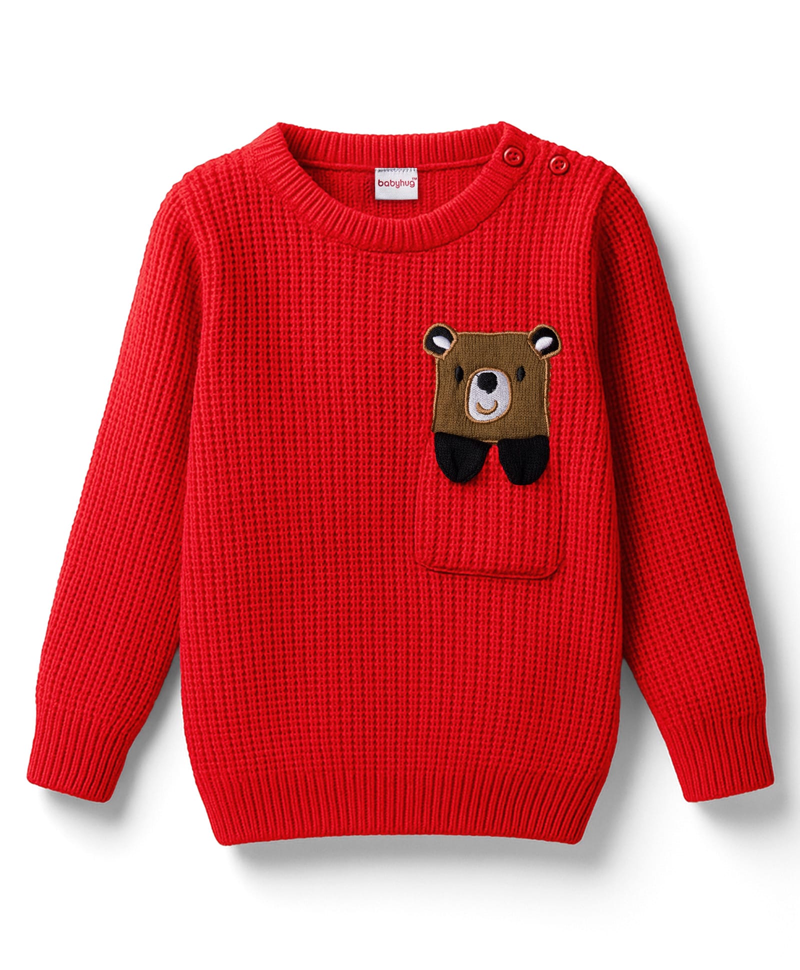 Babyhug Knit Full Sleeves Pullover Sweater with Bear Patch Detailing - Red-image-45