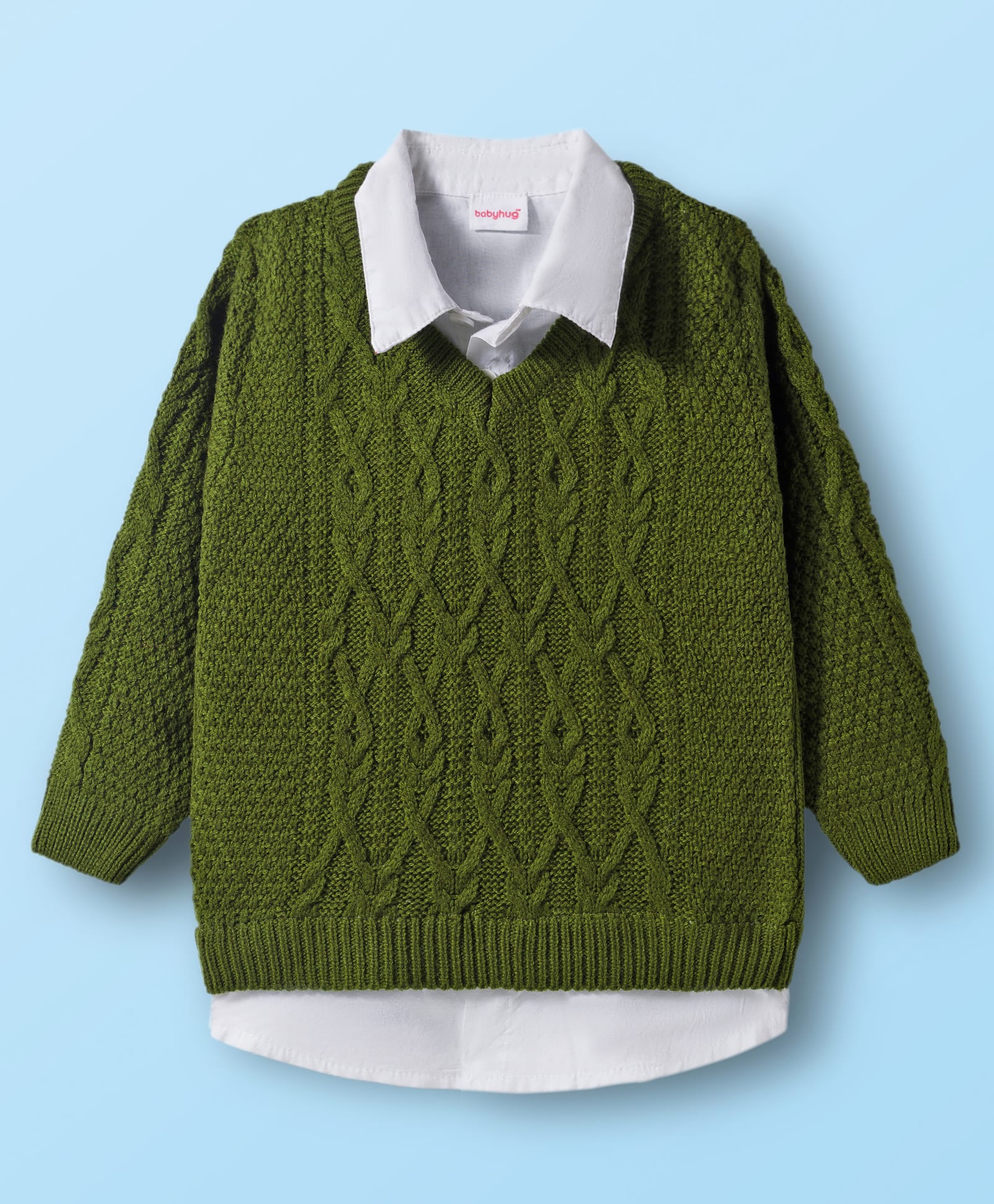 Babyhug Knit Full Sleeves Twofer Style Pullover with Cable Knit Design - Olive Green & White