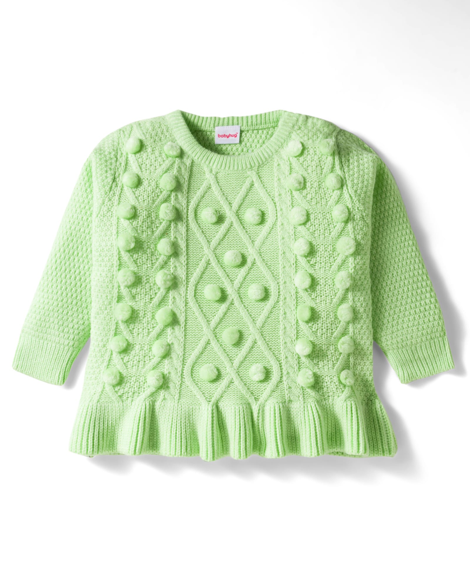 Babyhug Knit Full Sleeves Pullover Sweater with Cable Knit Design & Frill Detailing - Light Green-picture-36