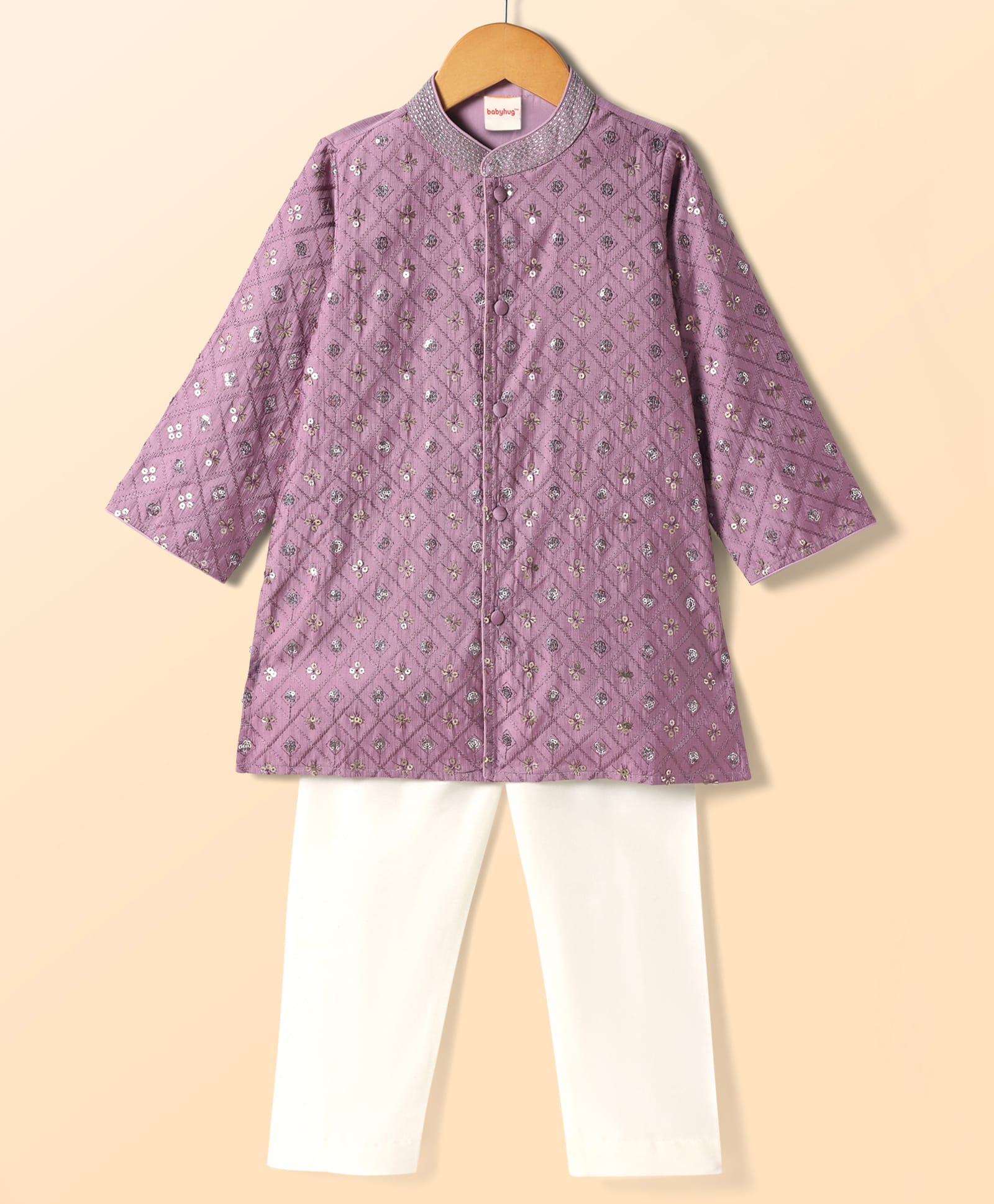 Babyhug Woven Full Sleeves Kurta Pajama Set with Embroidery & Sequin Detailing - Lavender-image-25