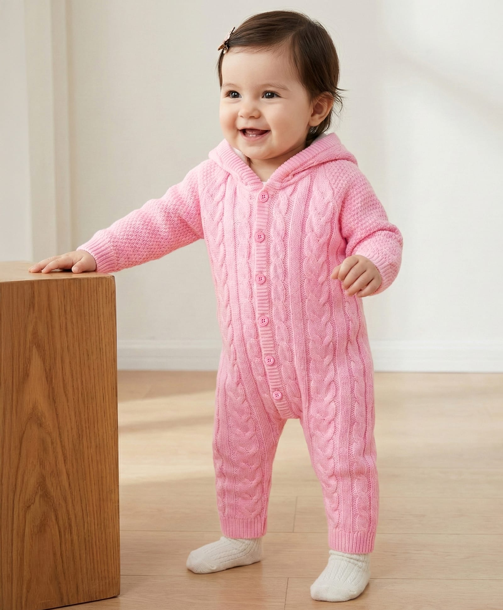 Babyhug Knit Full Sleeves Hooded Winter Wear Romper With Cable Knit Design - Light Pink-image-25