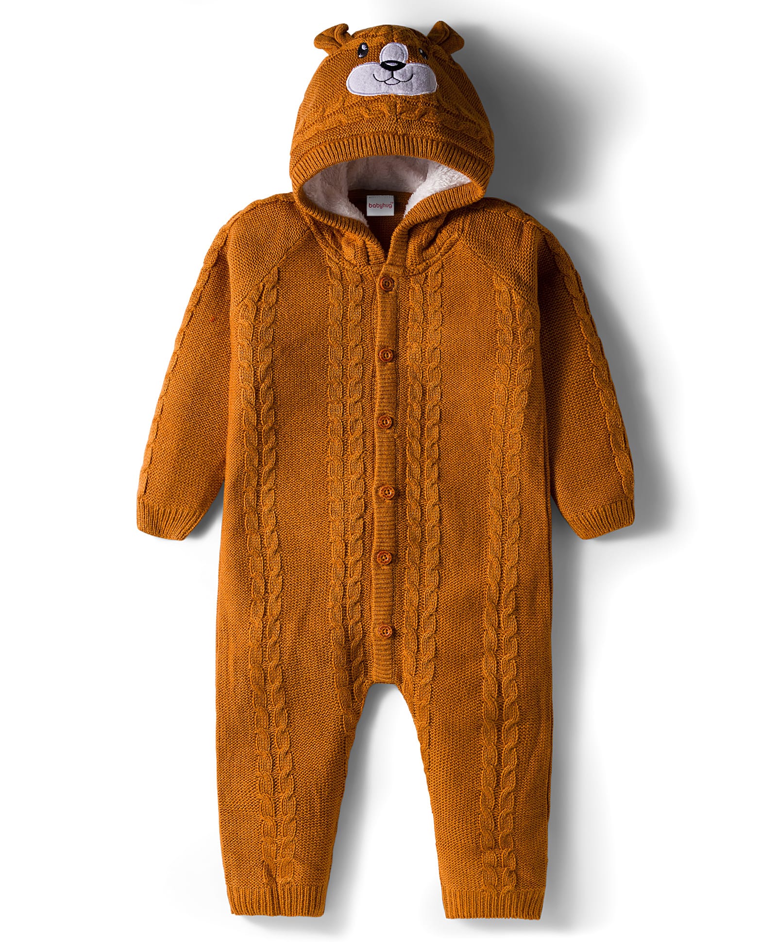 Babyhug Knit Full Raglan Sleeves Winter Wear Romper with Cable Knit Design Bear Embroidery - Light Brown-image-20