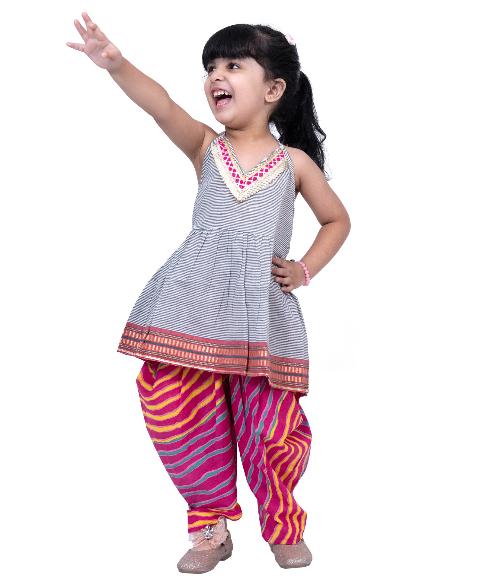 Twisha Cotton Woven Sleeveless Striped Gota Lace Embellished Top & Dhoti Set - Grey & Pink-image-38