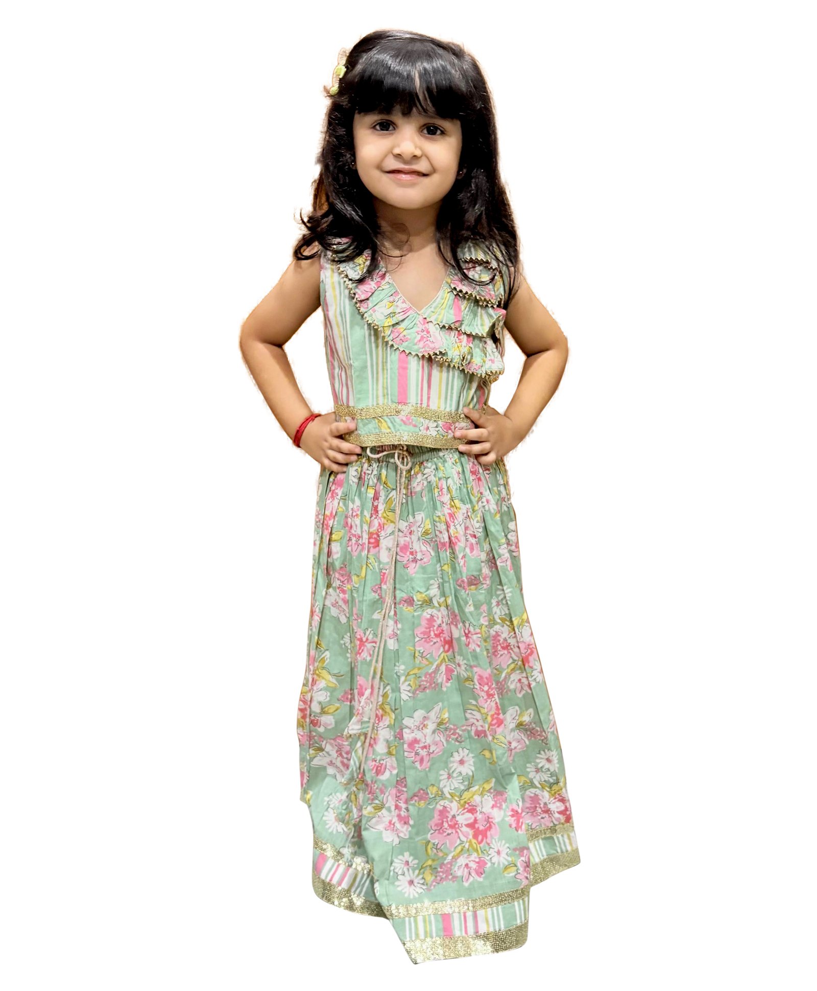 Twisha Cotton Woven Sleeveless Striped & Floral Printed Gota Lace Emebllished Lehenga Choli Set - Green & Pink-image-33