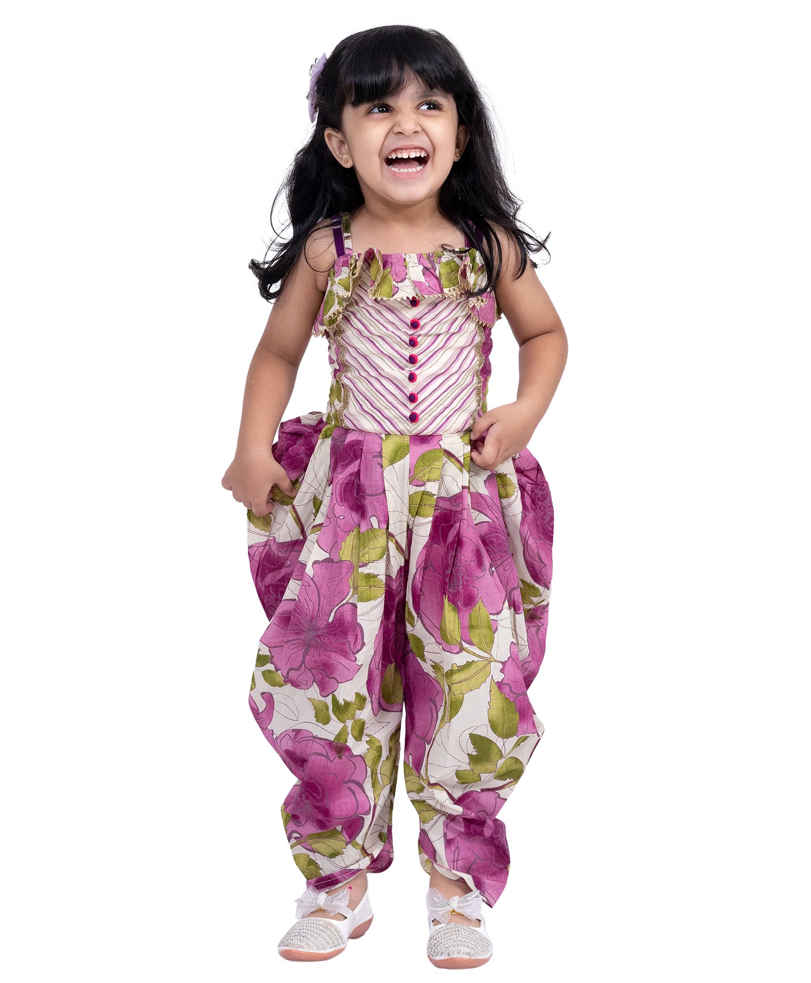 Twisha Cotton Woven Sleeveless Floral Printed Gota Lace Embellished Jumpsuit - Purple & White-image-19