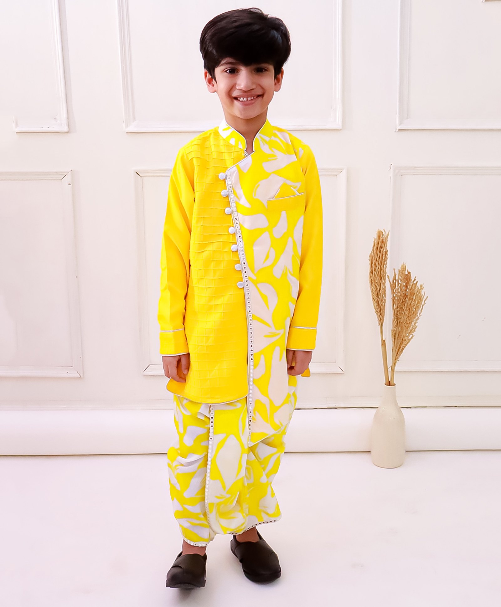 Twisha Cotton Woven Full Sleeves Abstract Printed Mirror Work Detailed Coordinating Dhoti Kurta Set - Yellow & White-picture-25