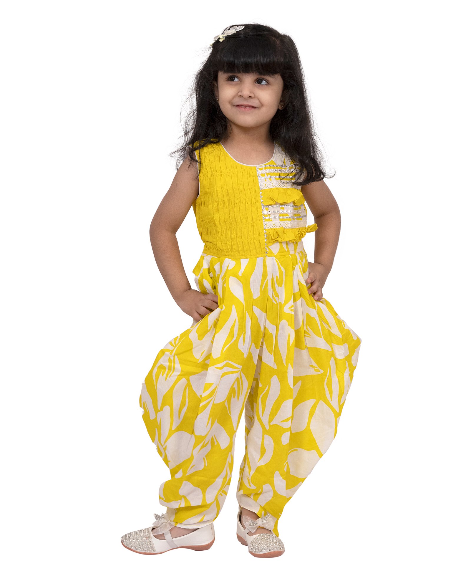 Twisha Cotton Woven Sleeveless Leaves Printed Gota Lace Embellished Jumpsuit - Yellow & White-image-2