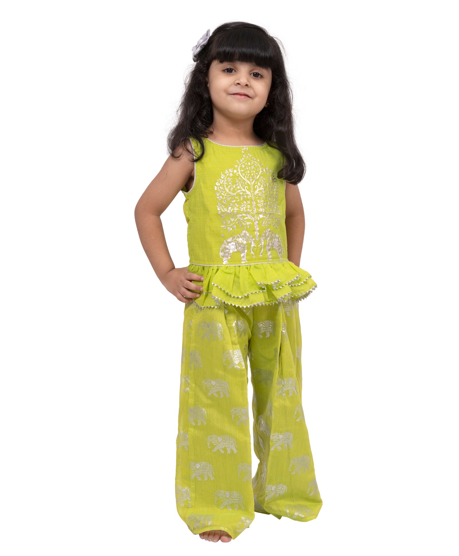 Twisha Chanderi Woven Full Sleeves Elephant Foil Printed Coordinating Top & Palazzo Set - Lime Green-image-7