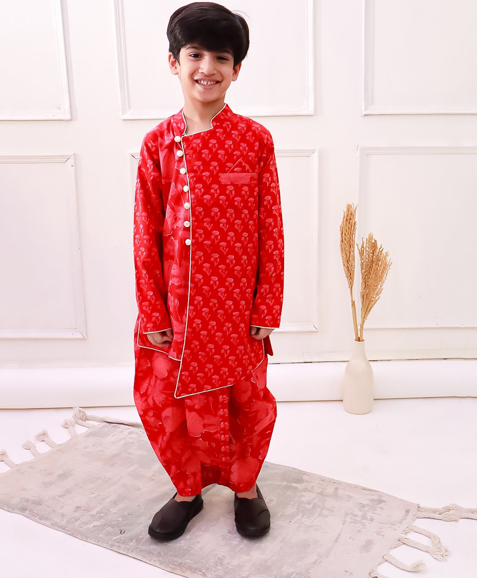 Twisha Cotton Woven Full Sleeves Floral Motifs Printed Kurta Dhoti - Red-picture-22