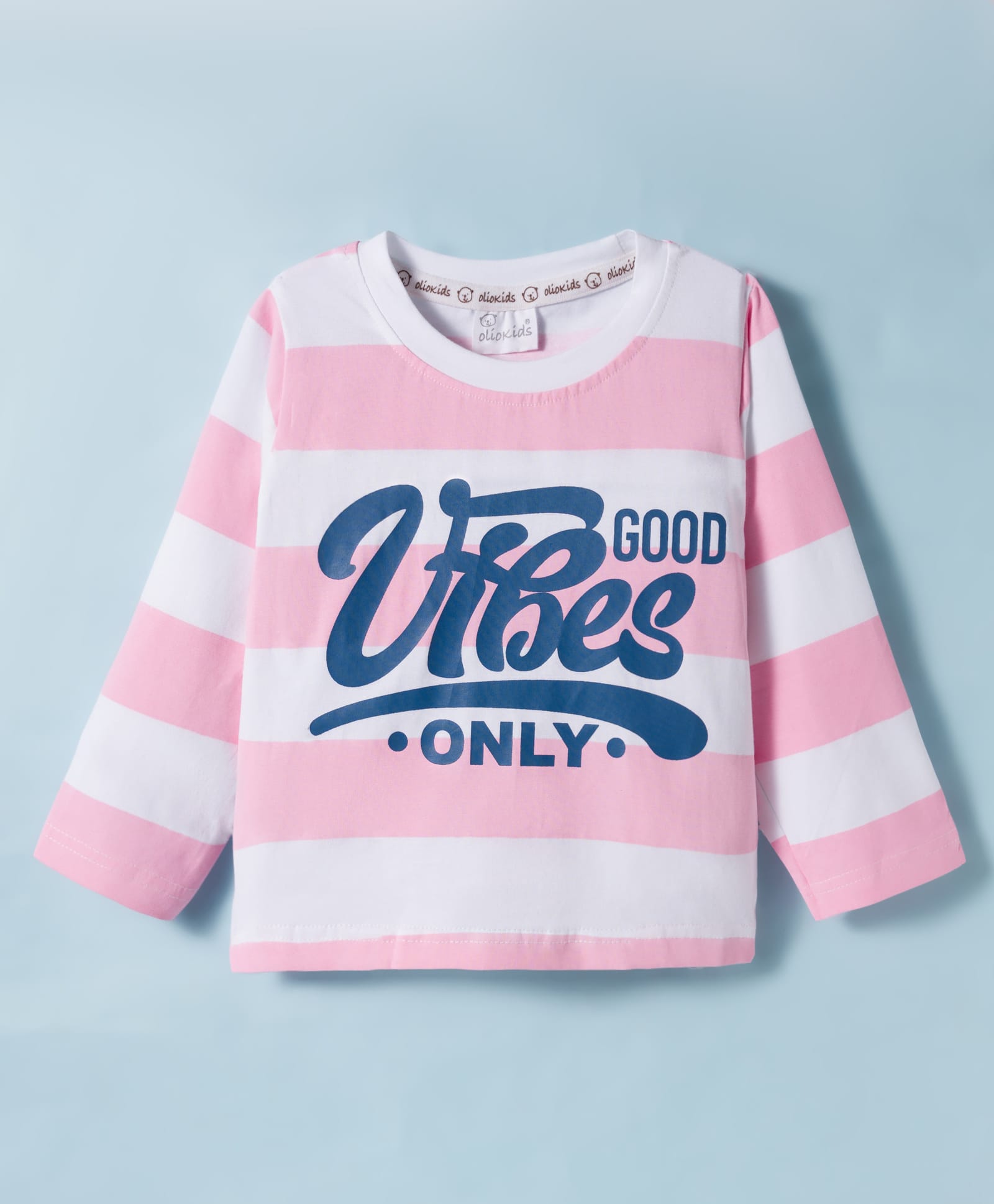 Olio Kids Sinker Knit Full Sleeves Striped Winter T-Shirt with Text Graphic - Pink-image-49