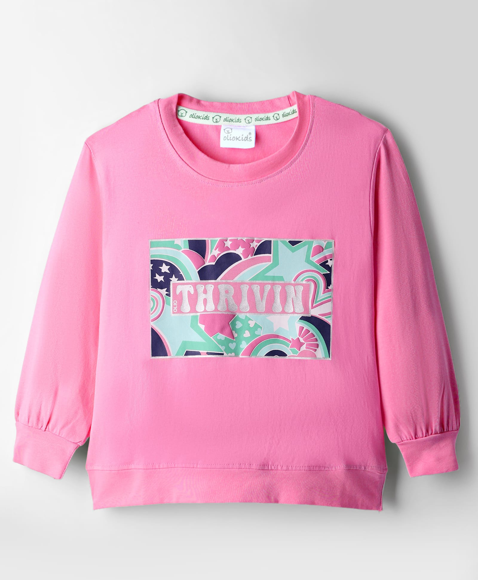 Olio Kids Sinker Knit Full Sleeves Winter T-Shirt with Thrivin Text Print - Pink-picture-24