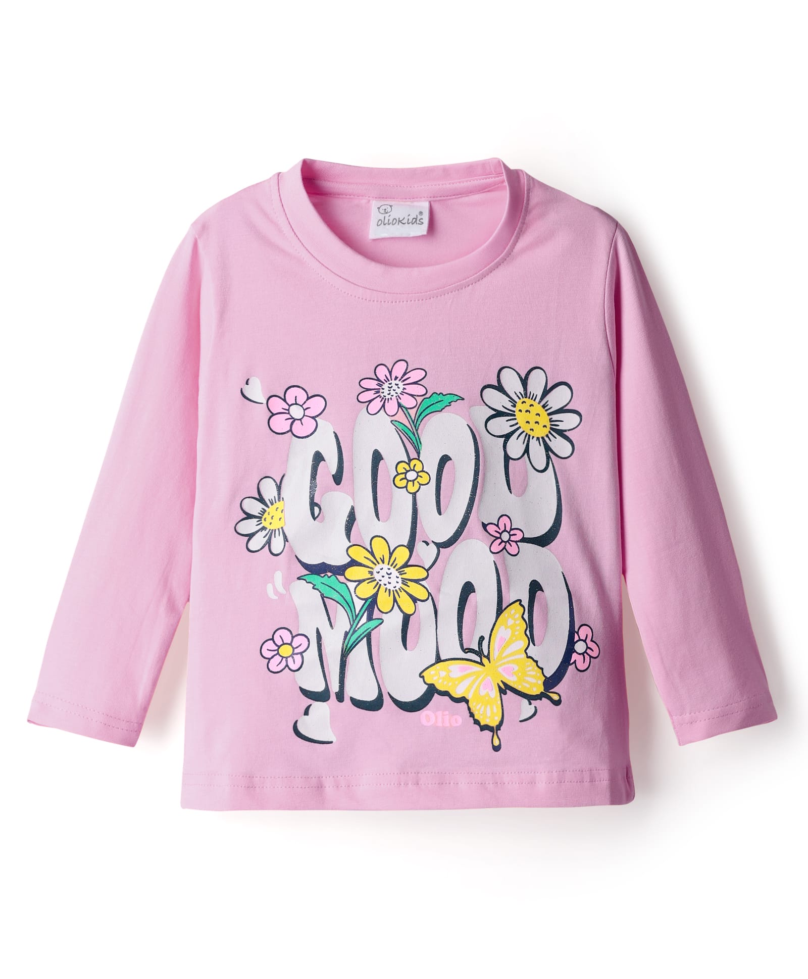 Olio Kids Sinker Knit Full Sleeves Winter T-Shirt with Cool Mood Text Print - Pink-picture-5