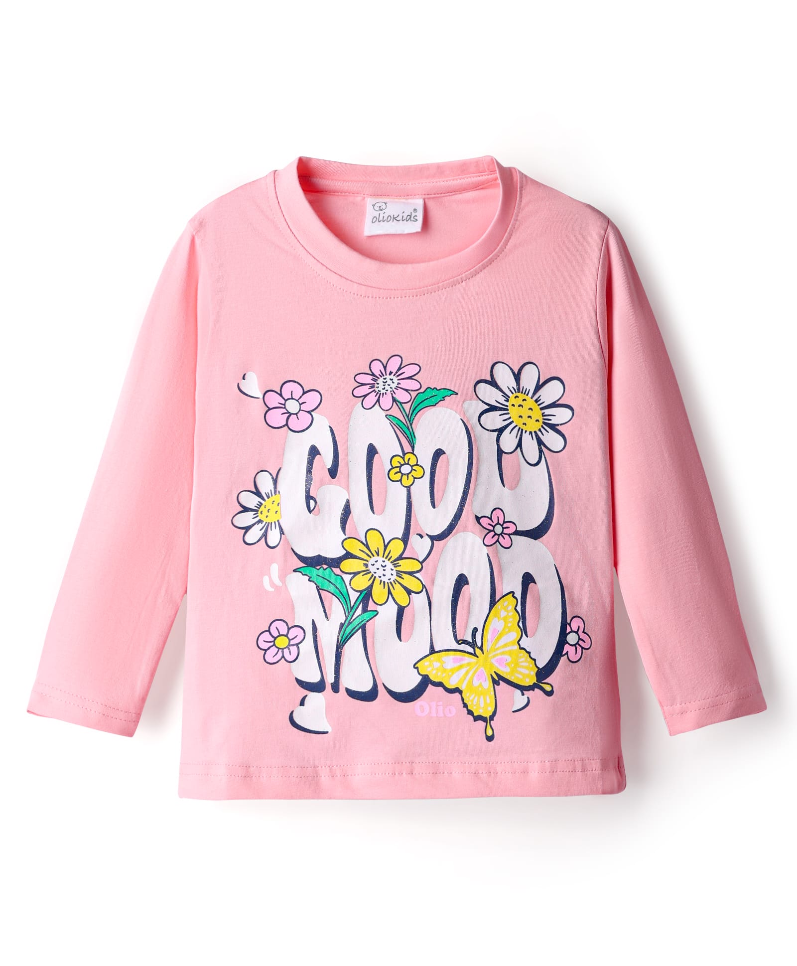Olio Kids Sinker Knit Full Sleeves Winter T-Shirt with Cool Mood Text Print - Light Pink-picture-4