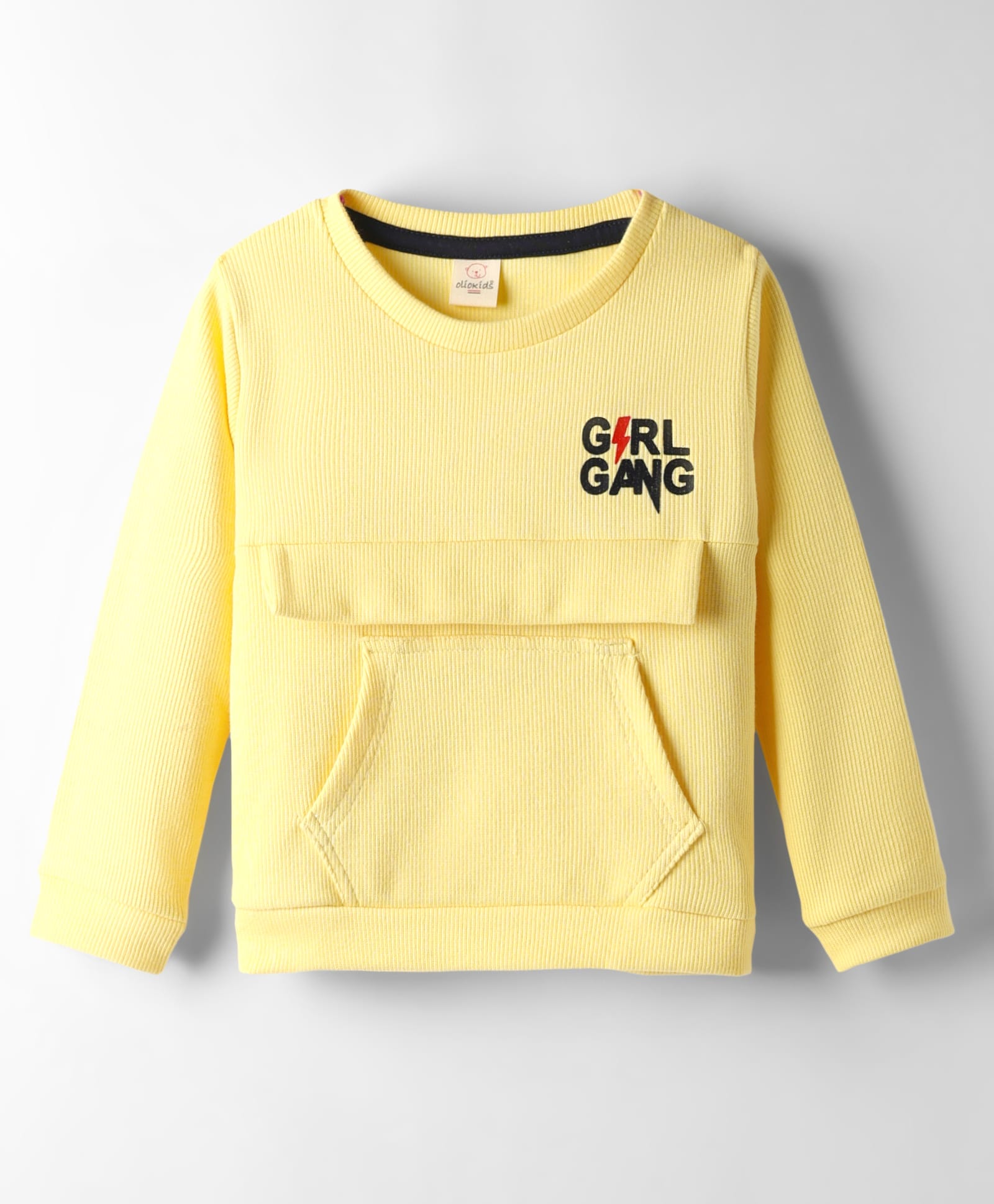 Olio Kids Knitted Full Sleeves Winter T-Shirt With Kangaroo Pockets & Girl Gang Print - Light Yellow-image-4