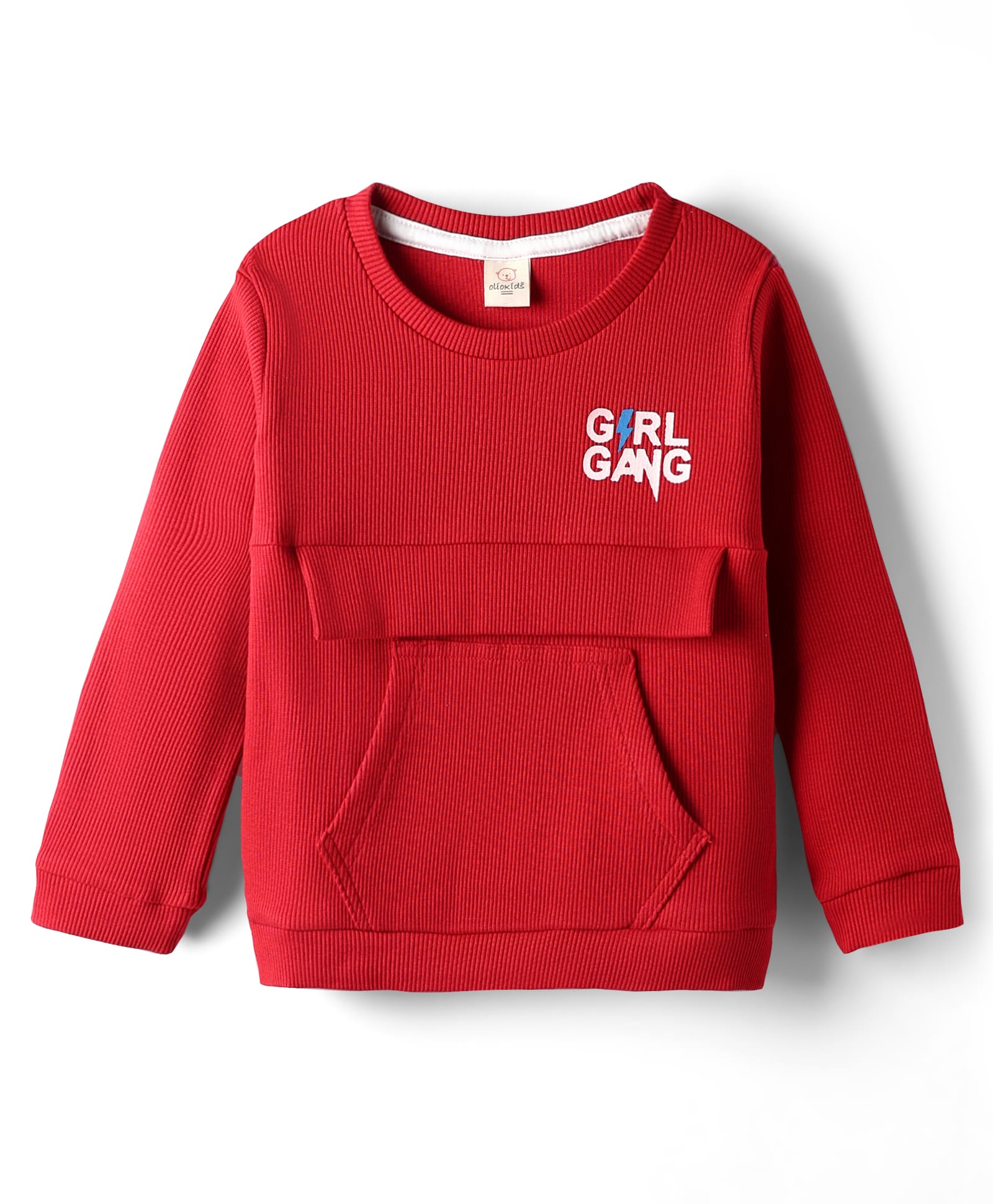 Olio Kids Knitted Full Sleeves Winter T-Shirt With Kangaroo Pockets & Girl Gang Print - Dark Red-image-33