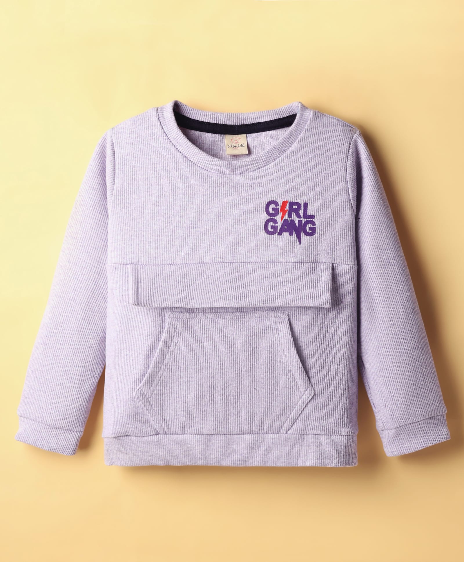 Olio Kids Knitted Full Sleeves Winter T-Shirt With Kangaroo Pockets & Girl Gang Print - Lavender-picture-13