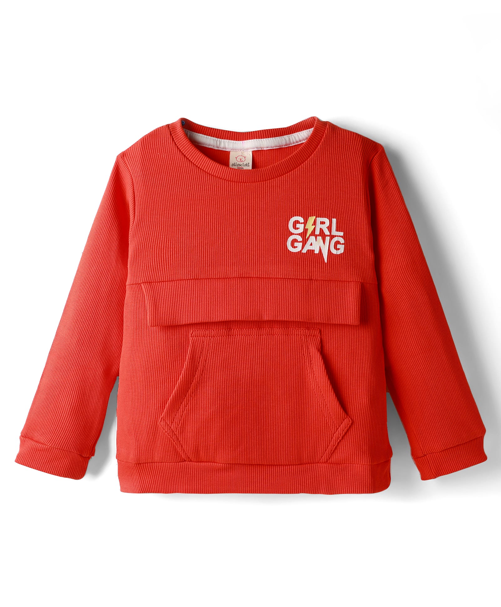 Olio Kids Knitted Full Sleeves Winter T-Shirt With Kangaroo Pockets & Girl Gang Print - Red-picture-3
