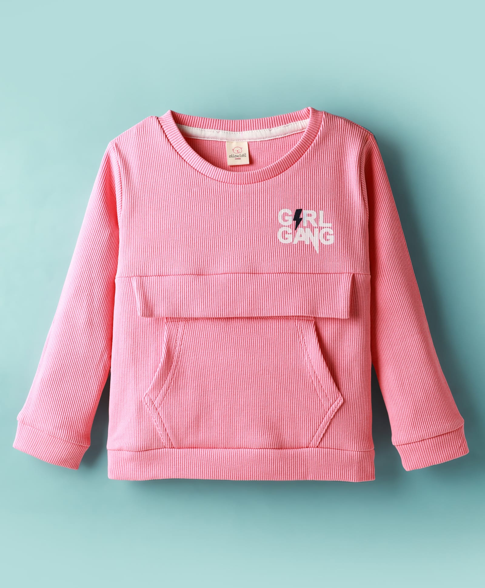 Olio Kids Knitted Full Sleeves Winter T-Shirt With Kangaroo Pockets & Girl Gang Print - Pink-picture-19