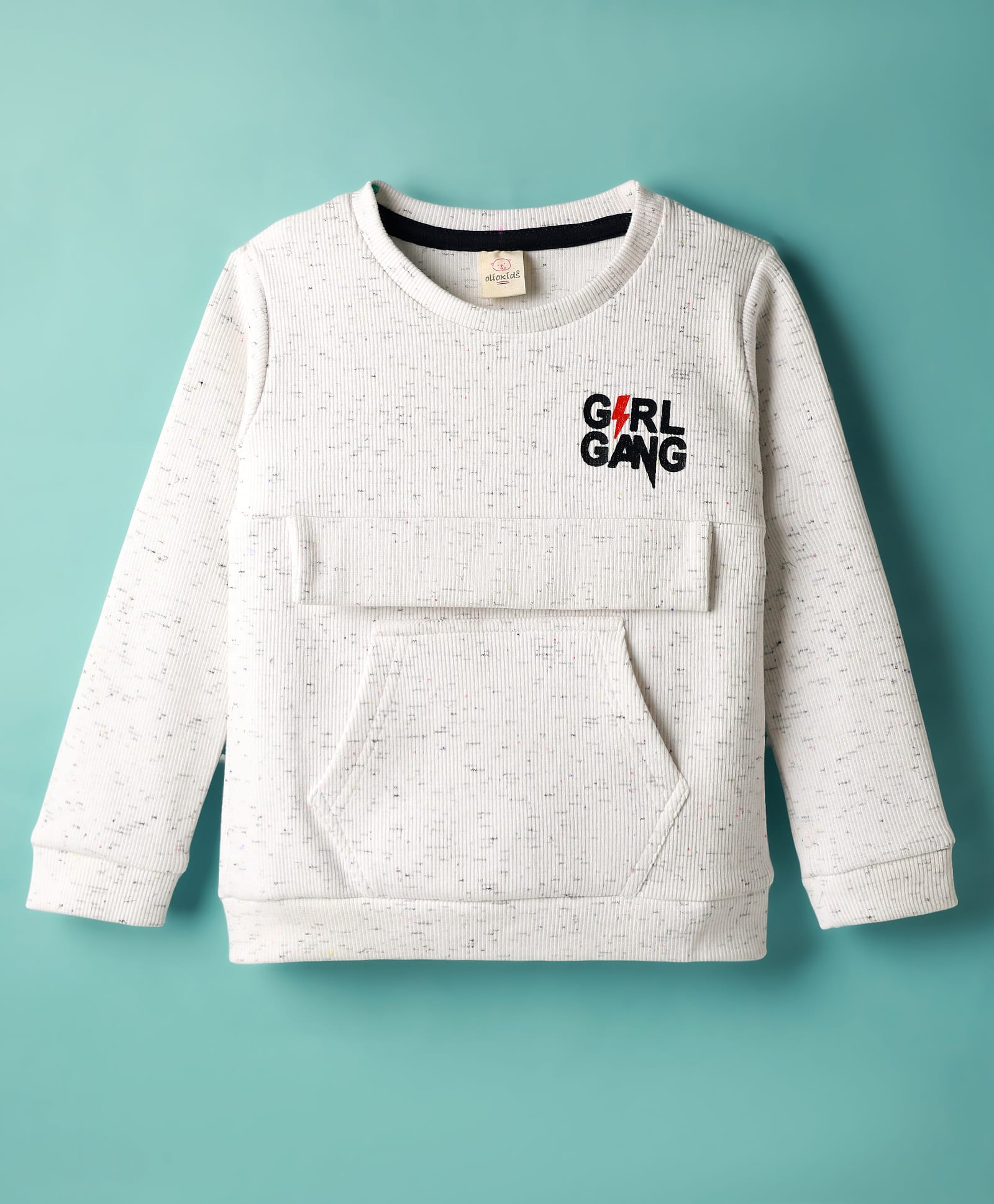 Olio Kids Knitted Full Sleeves Winter T-Shirt With Kangaroo Pockets & Girl Gang Print - White-picture-12