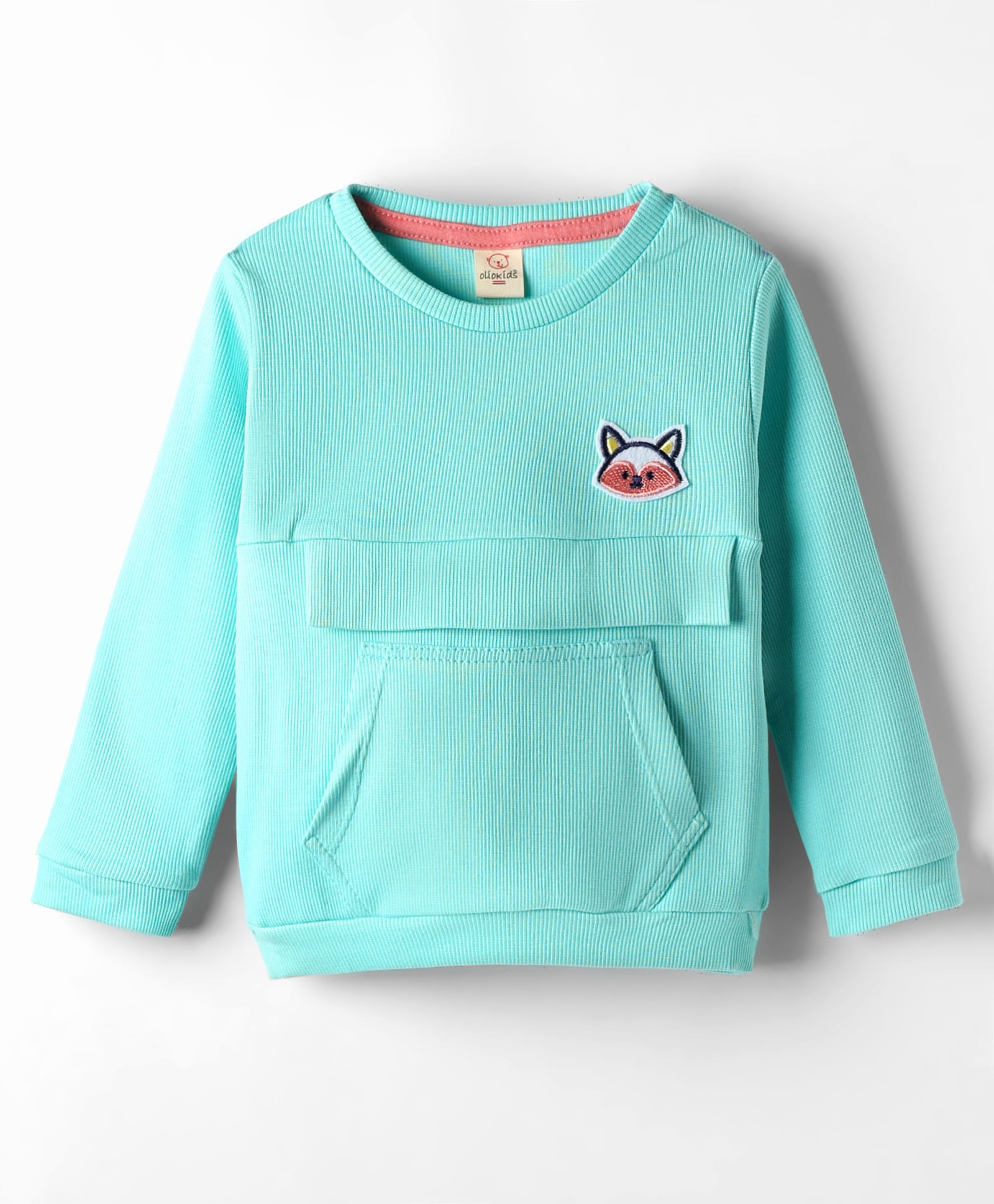 Olio Kids Knitted Full Sleeves Winter T-Shirt With Kangaroo Pockets & Fox Embroidery Patch - Aqua Blue-picture-3