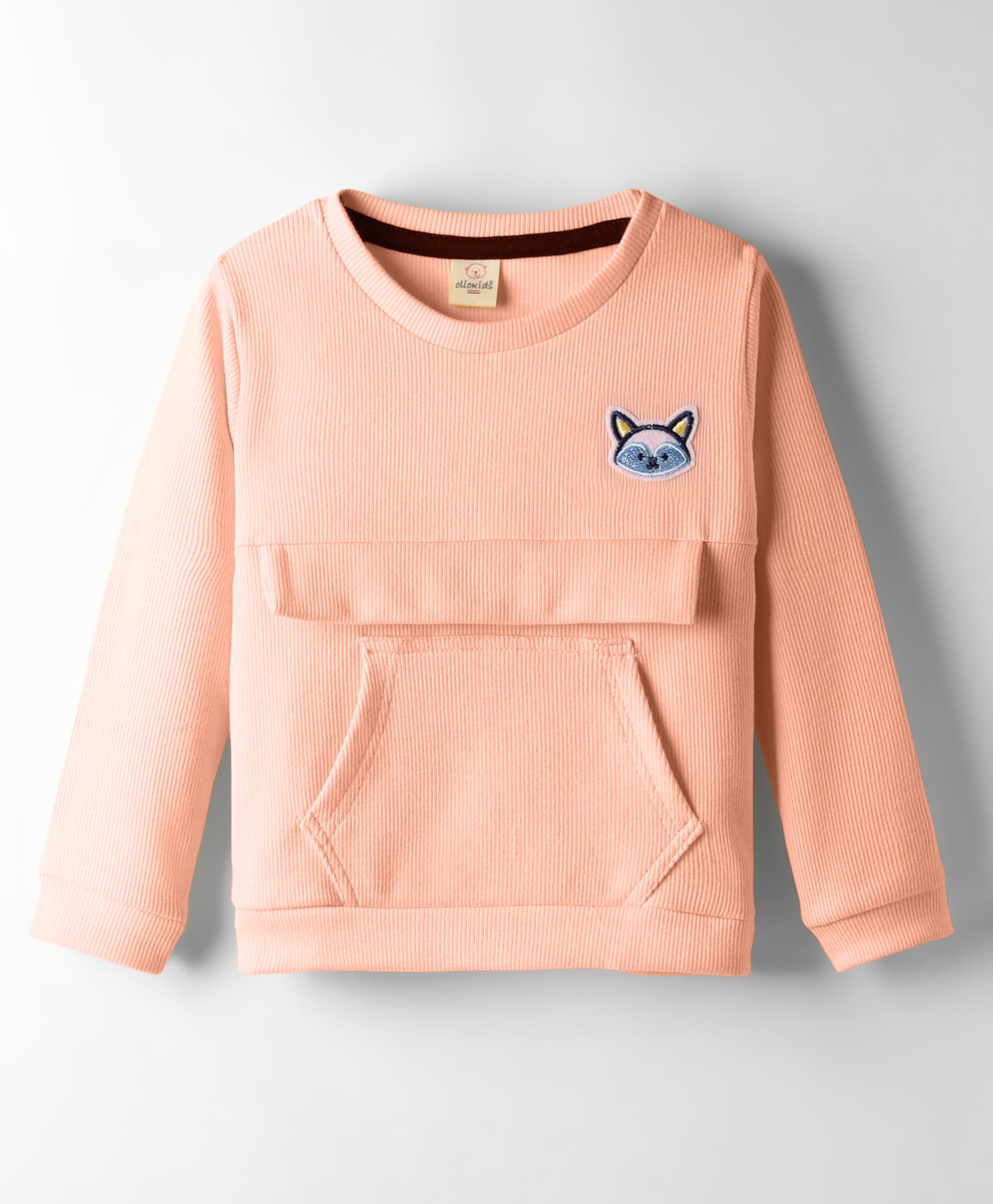 Olio Kids Knitted Full Sleeves Winter T-Shirt With Kangaroo Pockets & Fox Embroidery Patch - Peach-picture-16