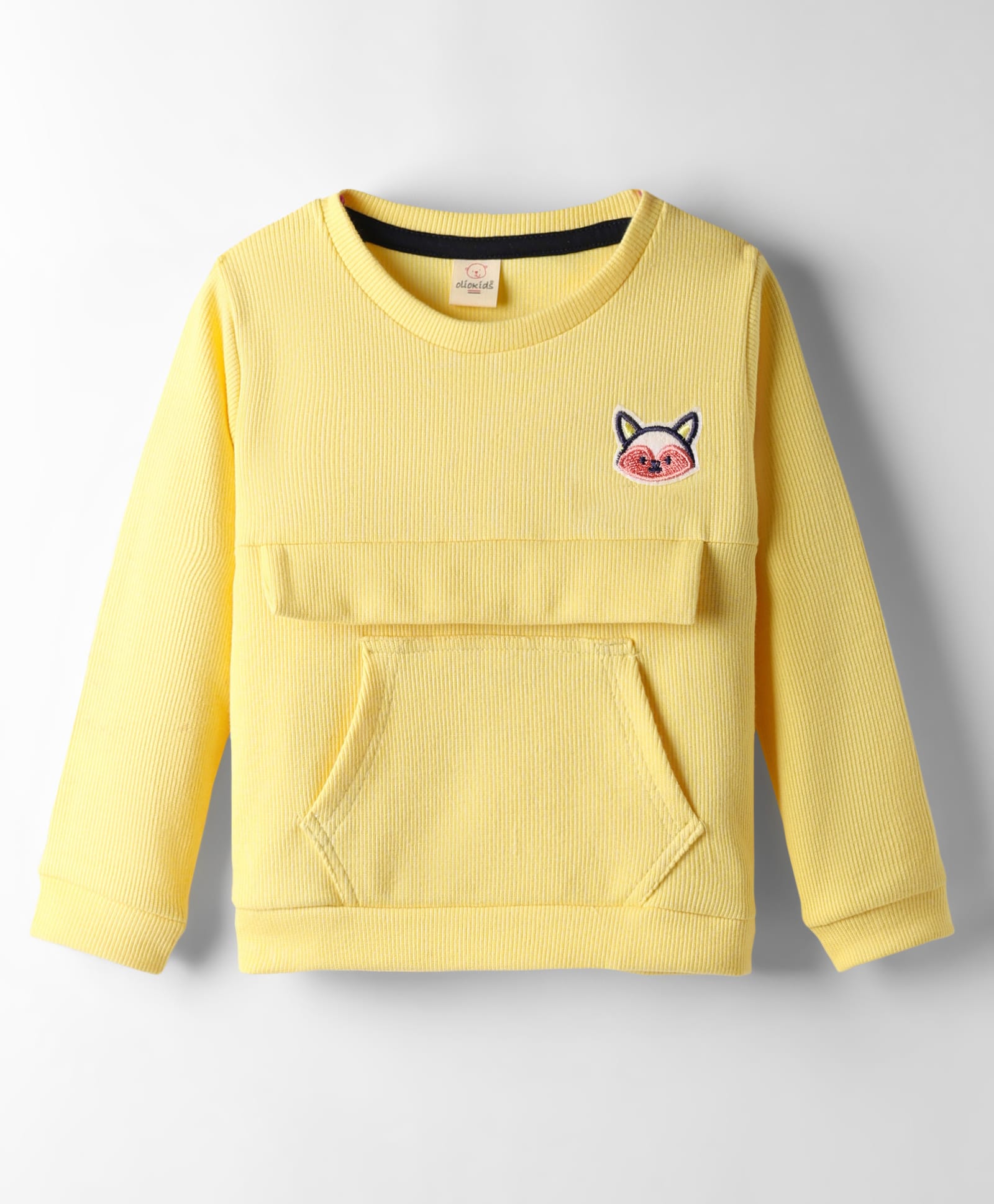 Olio Kids Knitted Full Sleeves Winter T-Shirt With Kangaroo Pockets & Fox Embroidery Patch - Yellow-picture-44
