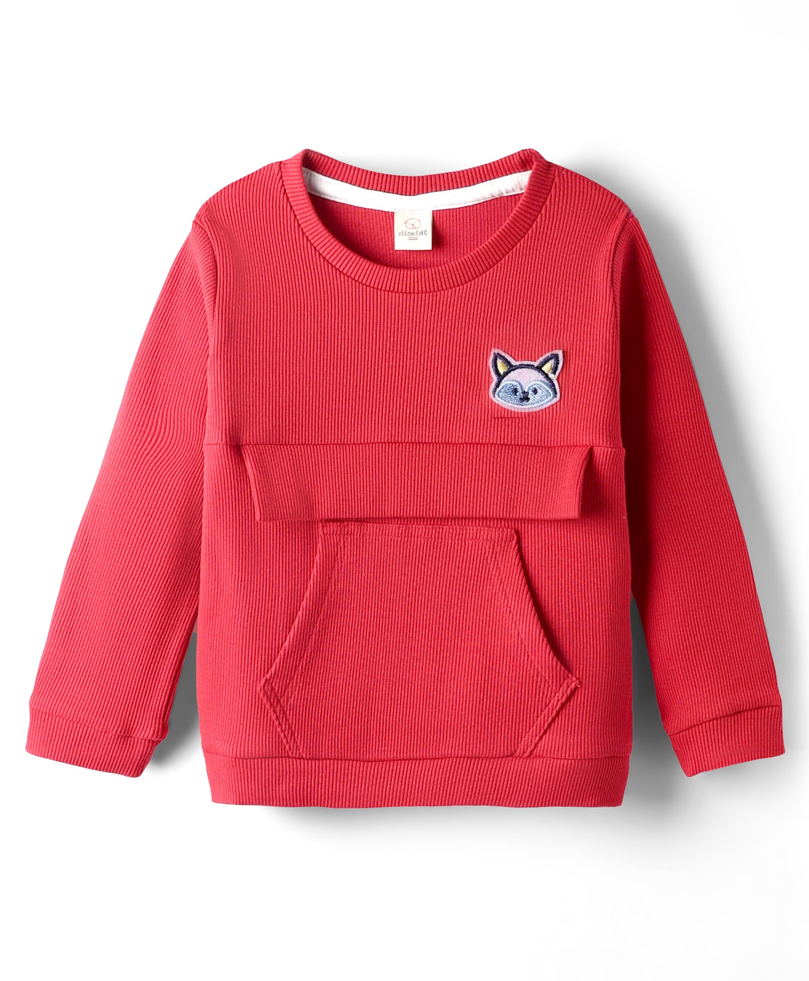 Olio Kids Knitted Full Sleeves Winter T-Shirt With Kangaroo Pockets & Fox Embroidery Patch - Red-picture-4
