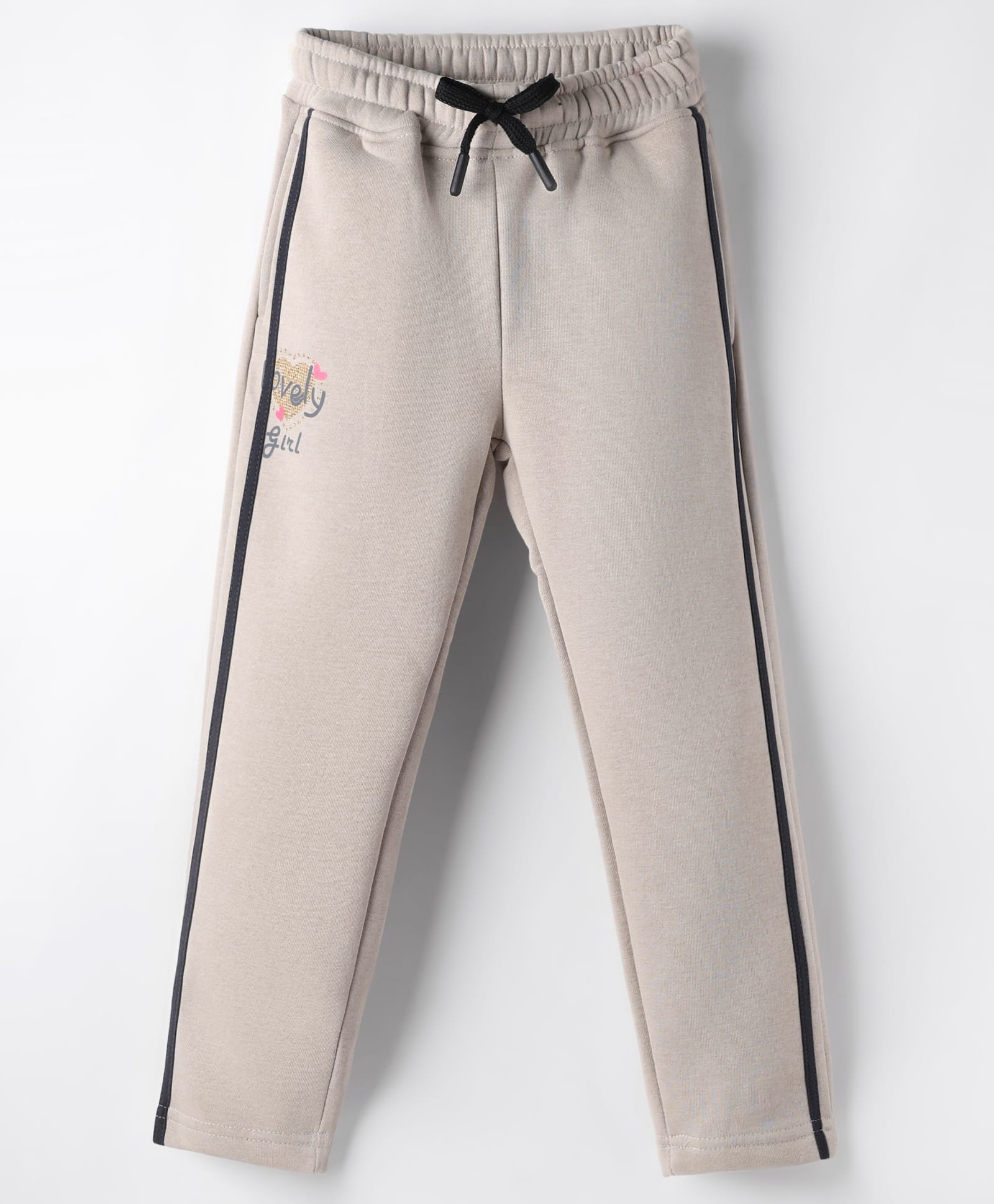 Olio Kids Knit Full Length Fleece Pant with Heart & Text Print - Light Grey-image-45