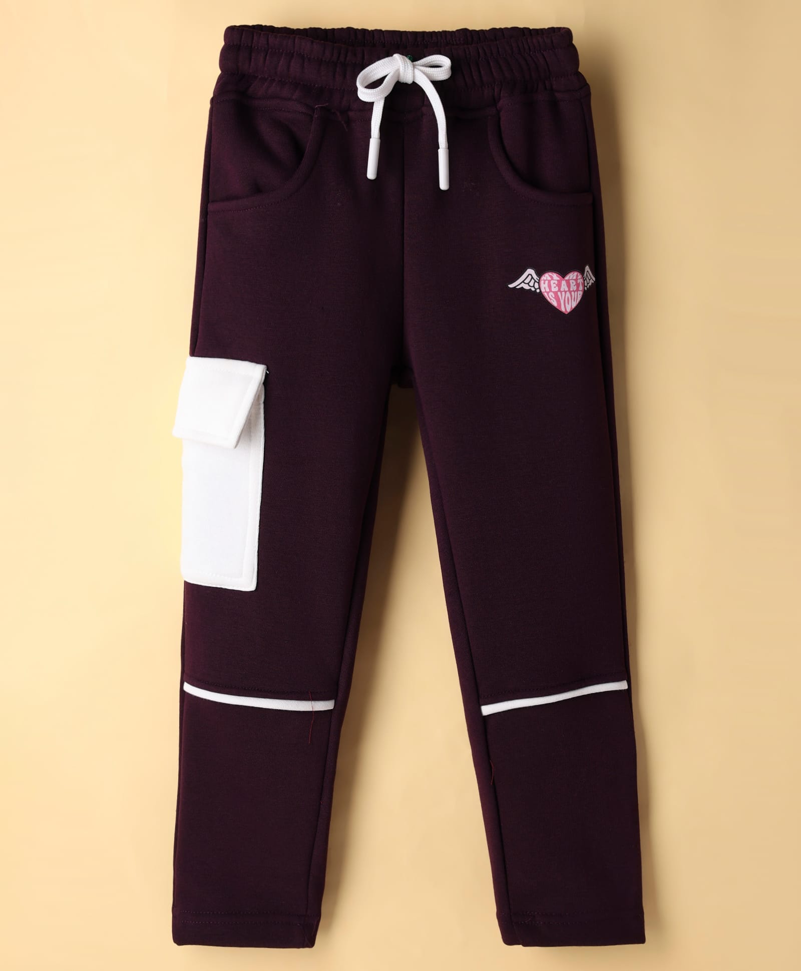 Olio Kids Knit Full Length Fleece Pant with Heart Print & Cargo Pocket - Dark Purple-picture-25