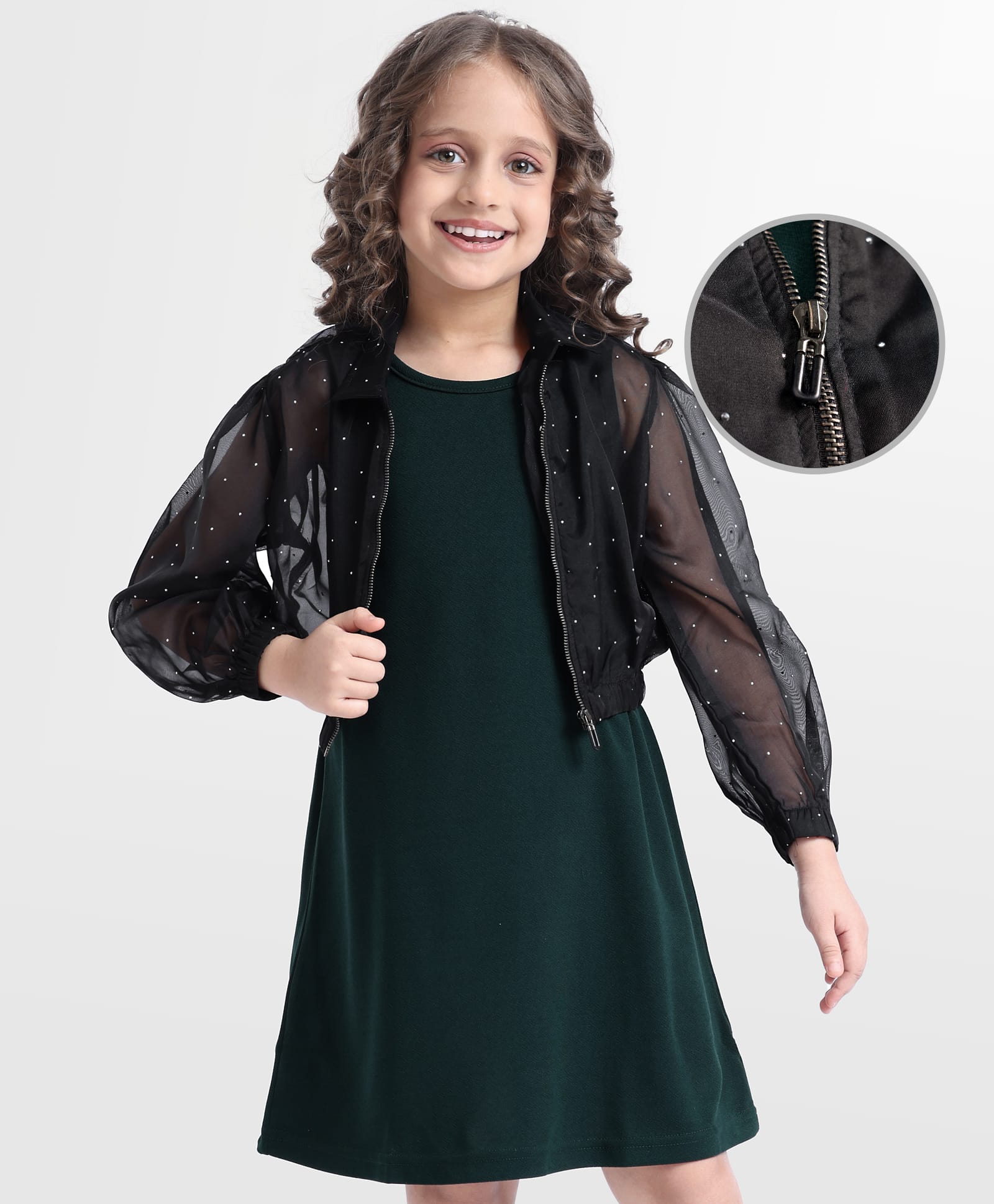 Hola Bonita Knit Full Sleeves Embellished Jacket with Solid Color Dress - Dark Green & Black-picture-28