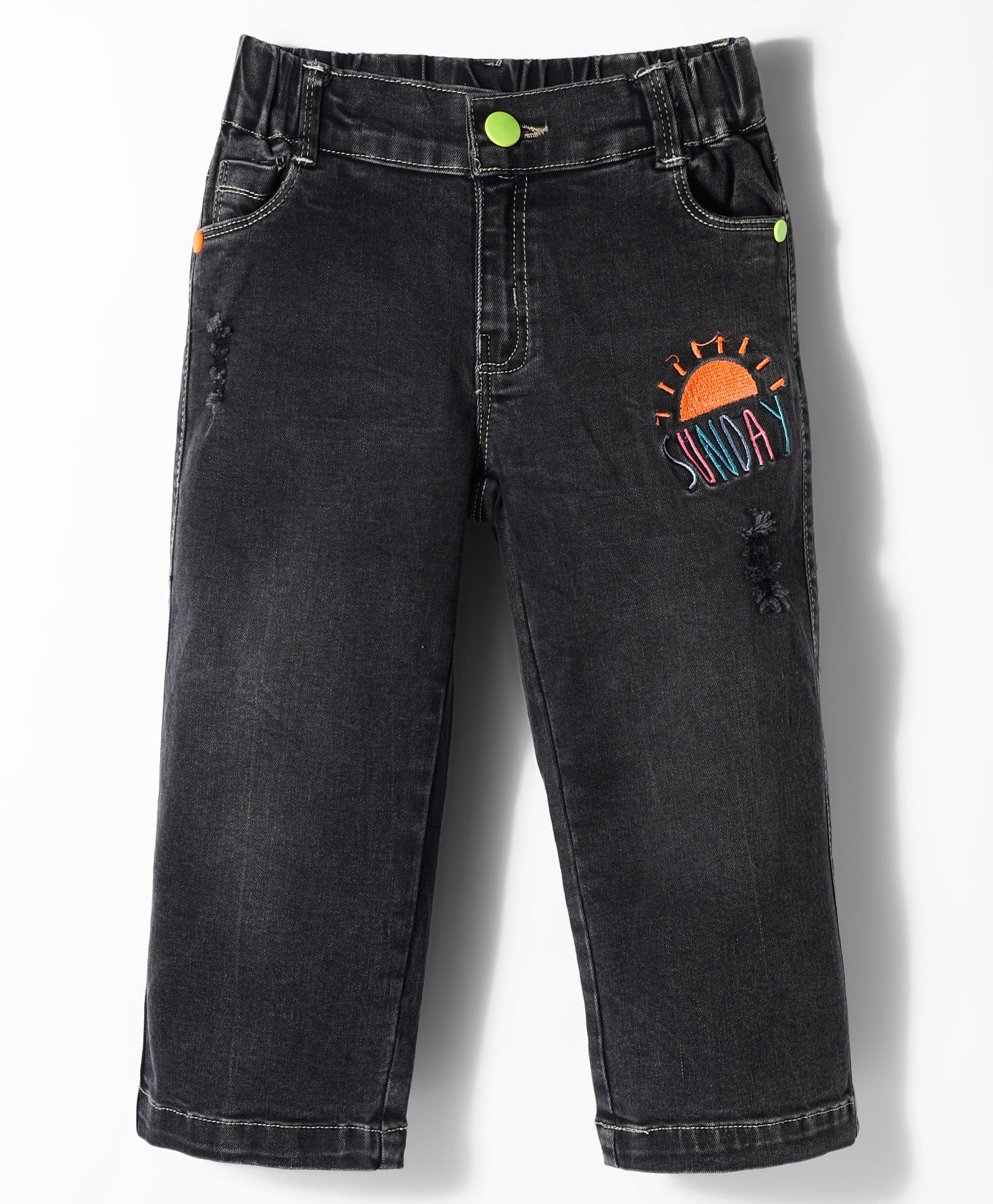 Olio Kids Denim Woven Full Length Sunday Embroidered Jeans - Charcoal Grey-image-25