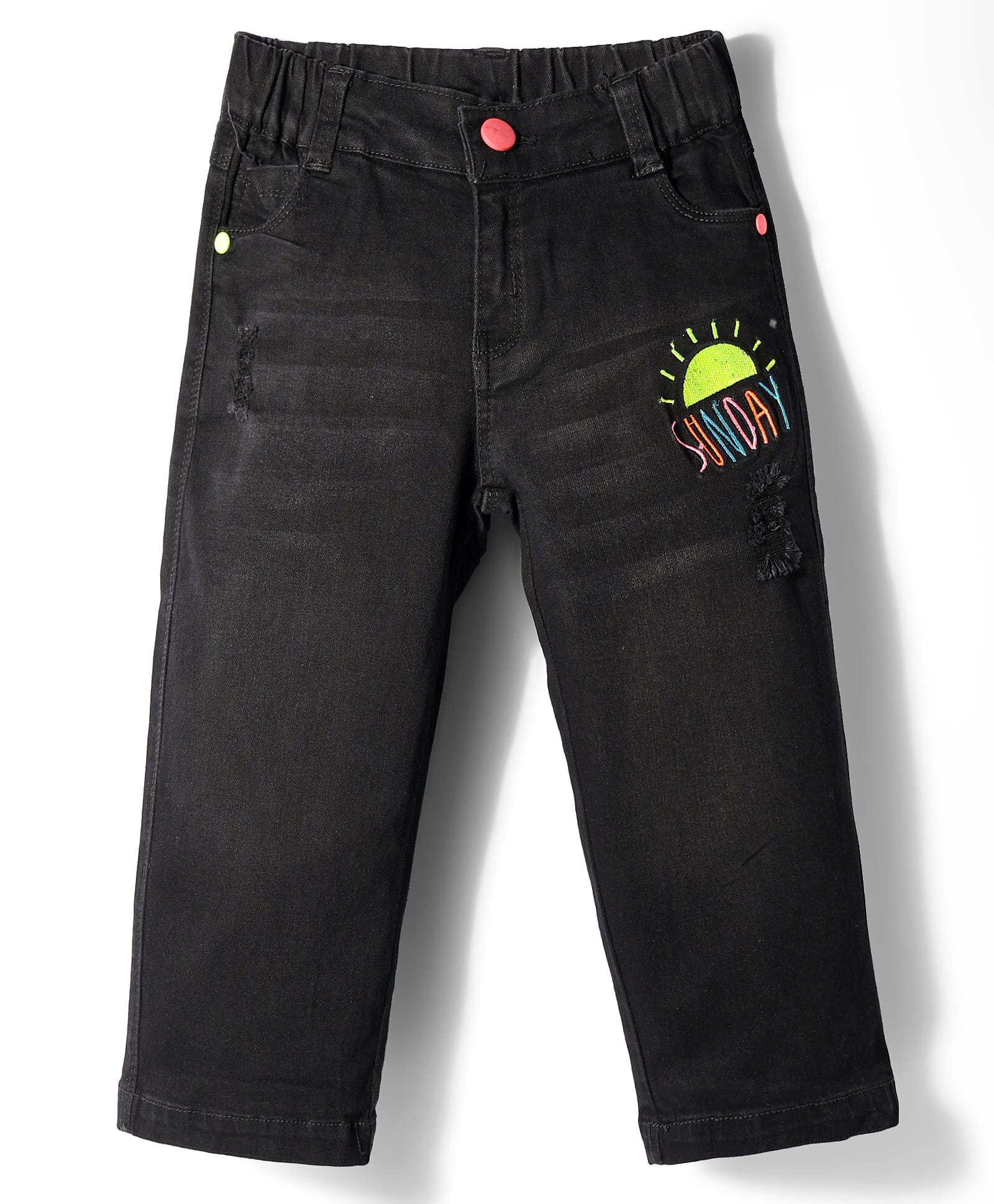 Olio Kids Denim Woven Full Length Sunday Embroidered Jeans - Black-picture-11