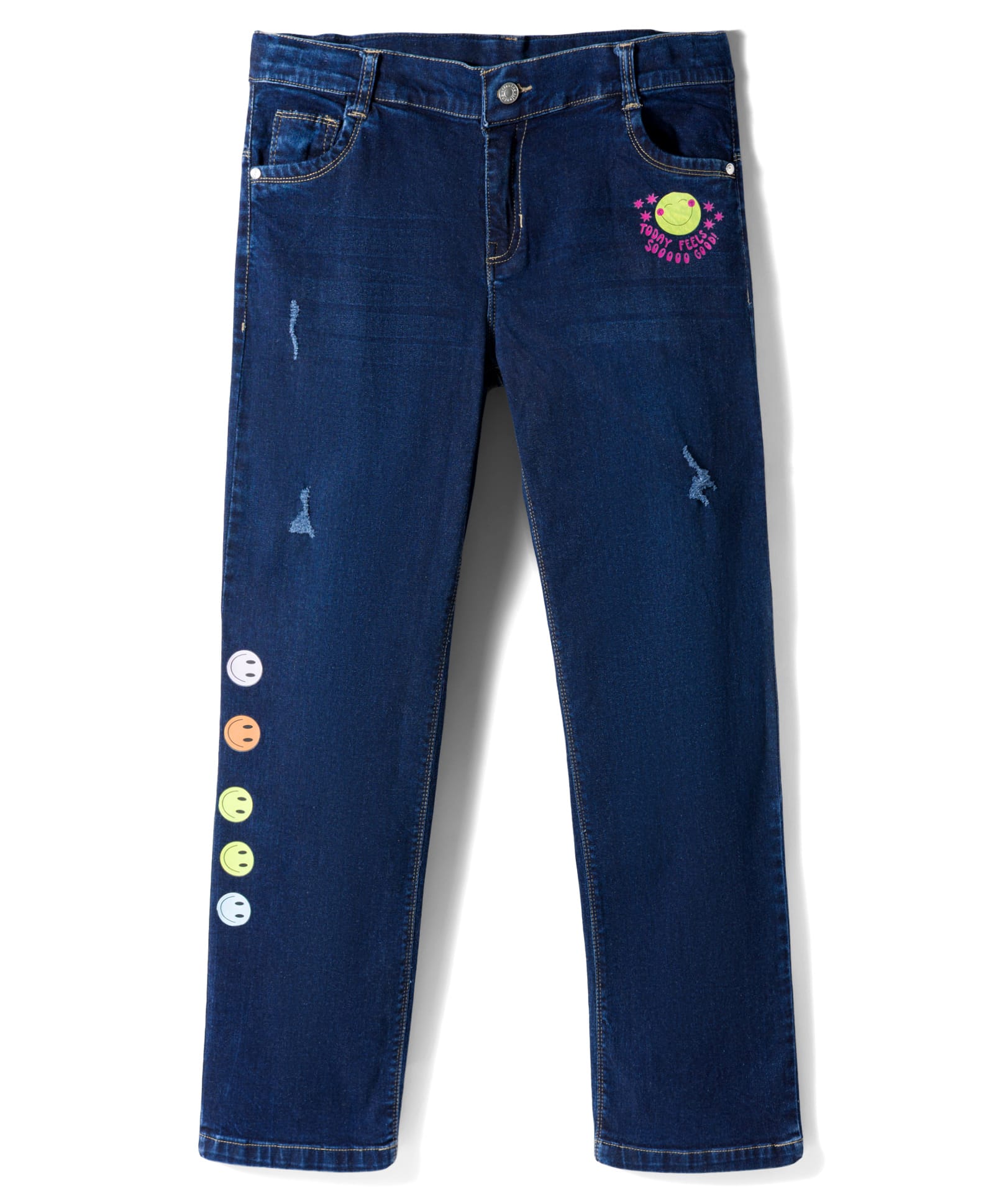 Olio Kids Denim Woven Full Length Jeans with Smiley Prints - Navy Blue-picture-28