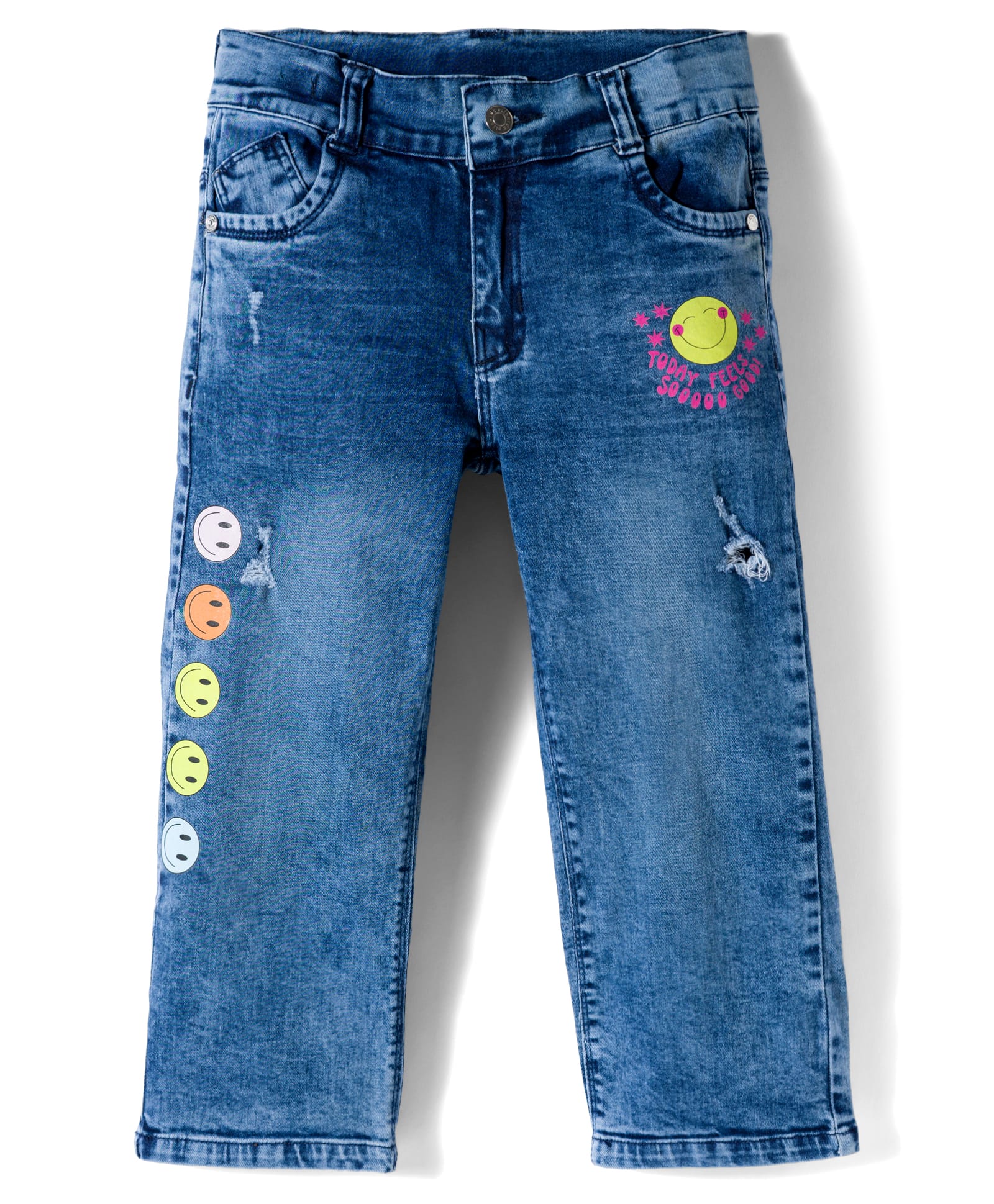 Olio Kids Denim Woven Full Length Jeans with Smiley Prints - Light Blue-picture-27