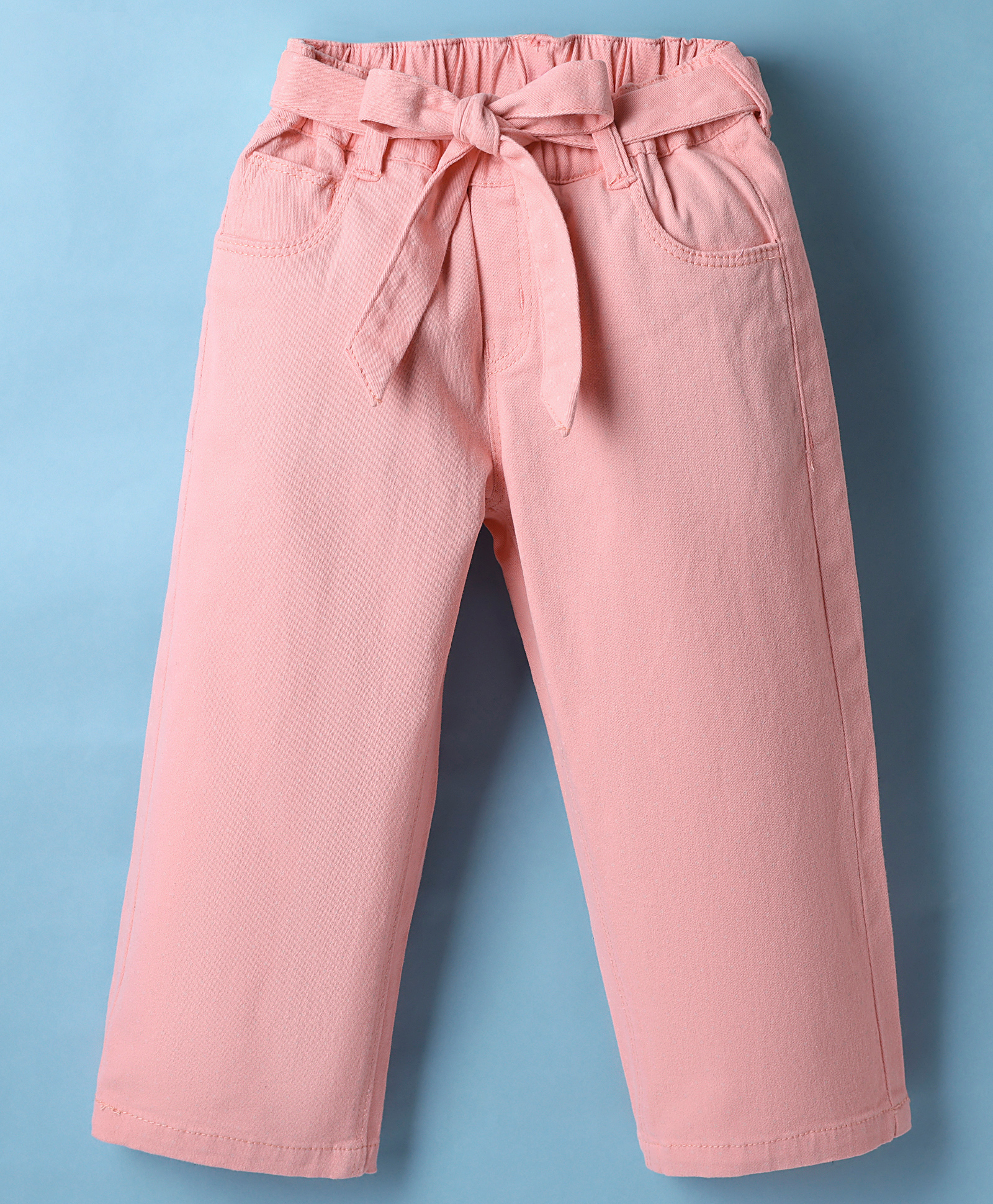 Olio Kids Cotton Woven Full Length Solid Coloured Trouser With Belt - Pink-picture-35