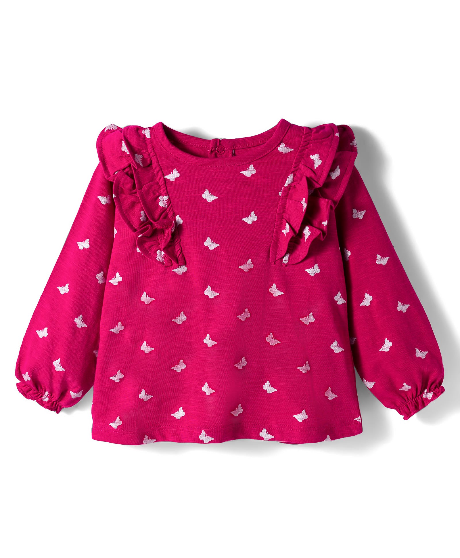 Babyhug 100% Cotton Knit Full Sleeves Top with Butterfly Print & Frill Detailing - Dark Pink-picture-19