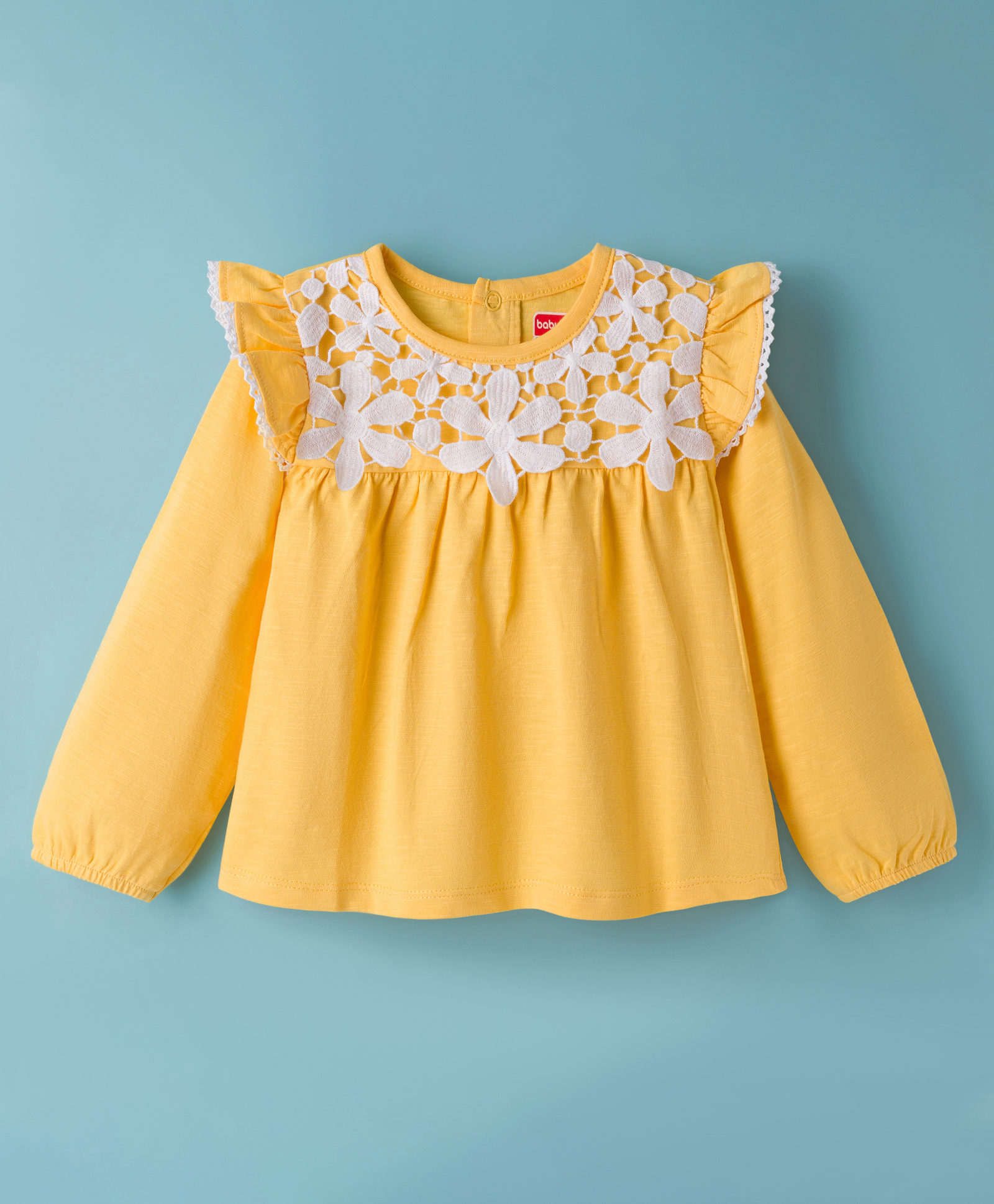 Babyhug 100% Cotton Knit Full Sleeves Top with Frill & Floral Lace Detailing - Yellow-picture-12