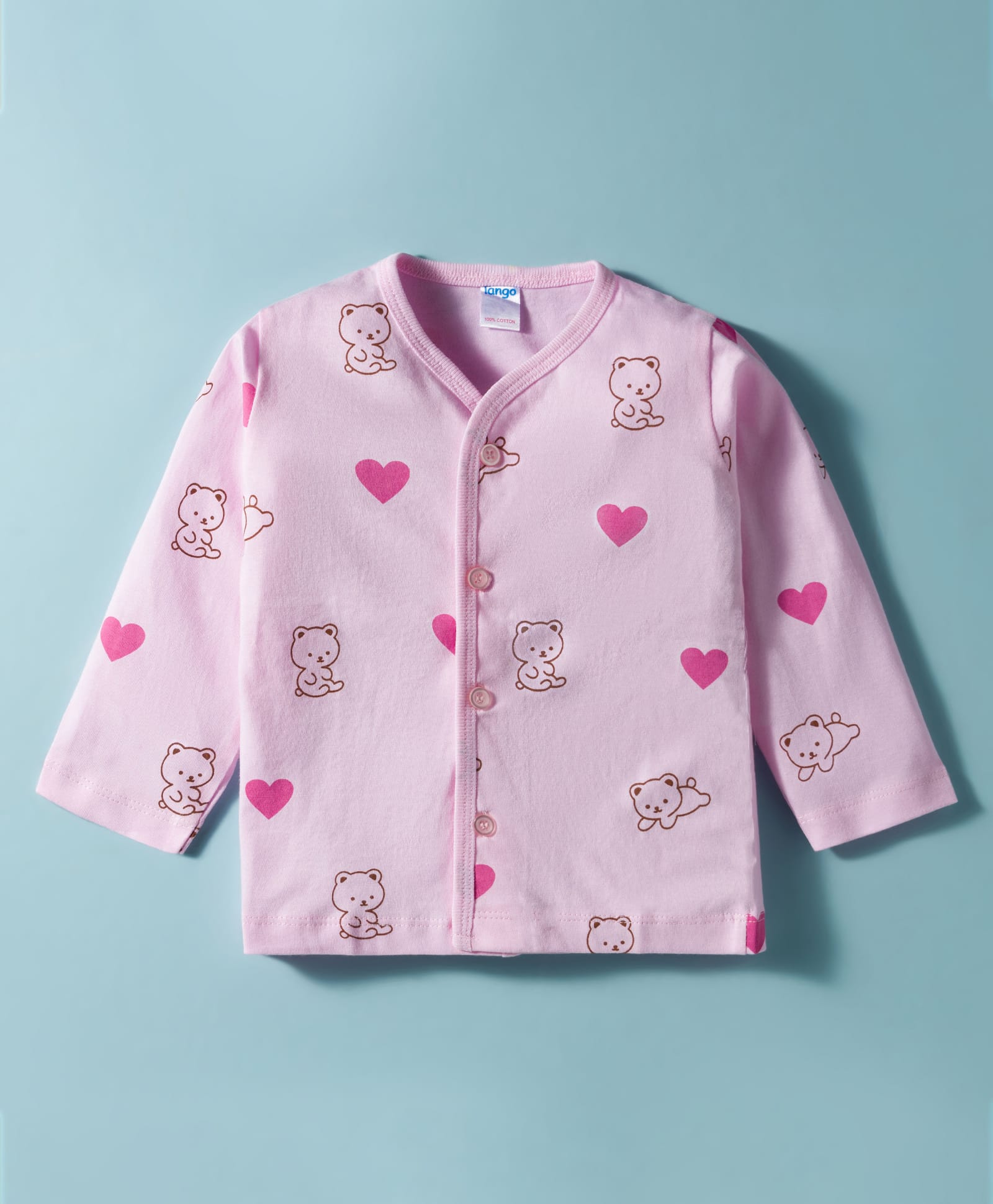 Tango Single Jersey Knit Full Sleeves Jhabla with Heart & Bear Print - Pink-image-34
