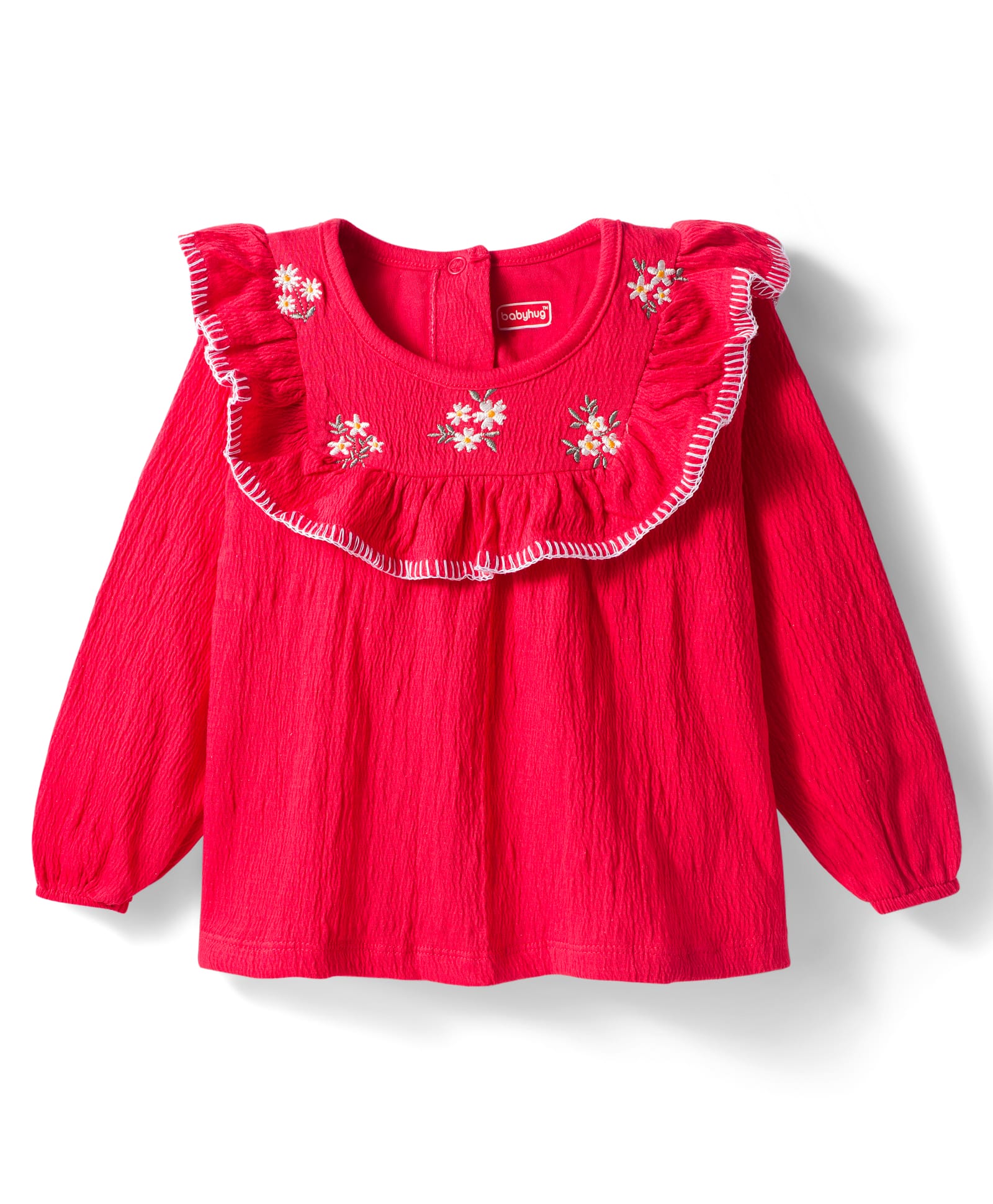 Babyhug Cotton Lycra Knit Full Sleeves Top with Frill Detailing & Floral Embroidery - Red-picture-14