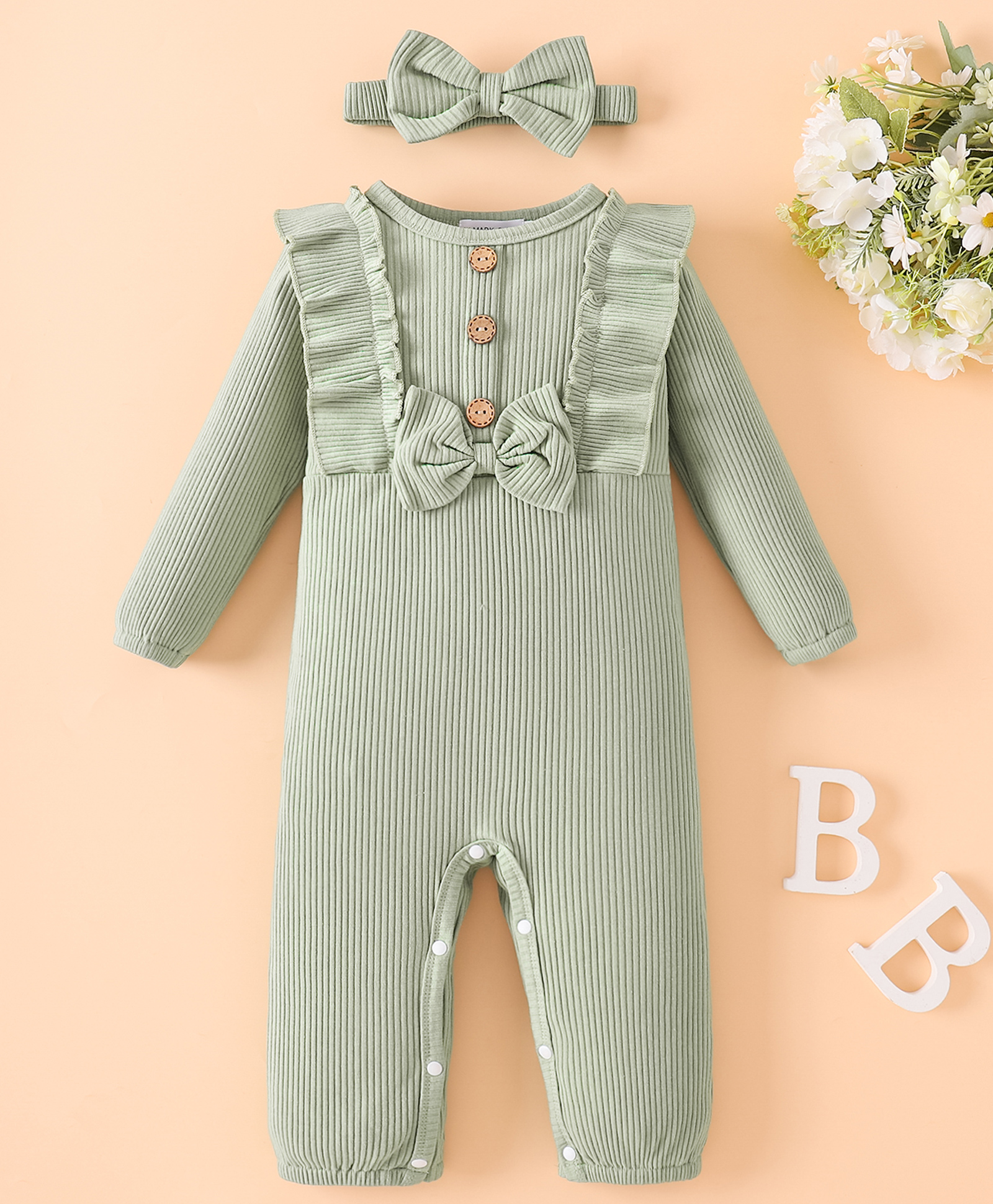 Mark & Mia Full Sleeves Winter Wear Romper with Frill Detailing Bow Applique & Headband - Light Green-picture-21