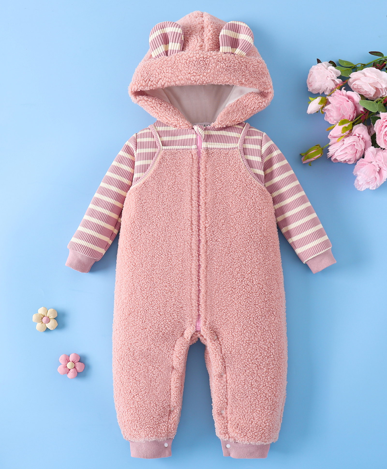 Mark & Mia Full Sleeves Front Open Hooded Winter Wear Romper with Bunny Ear Applique - Pink-picture-29