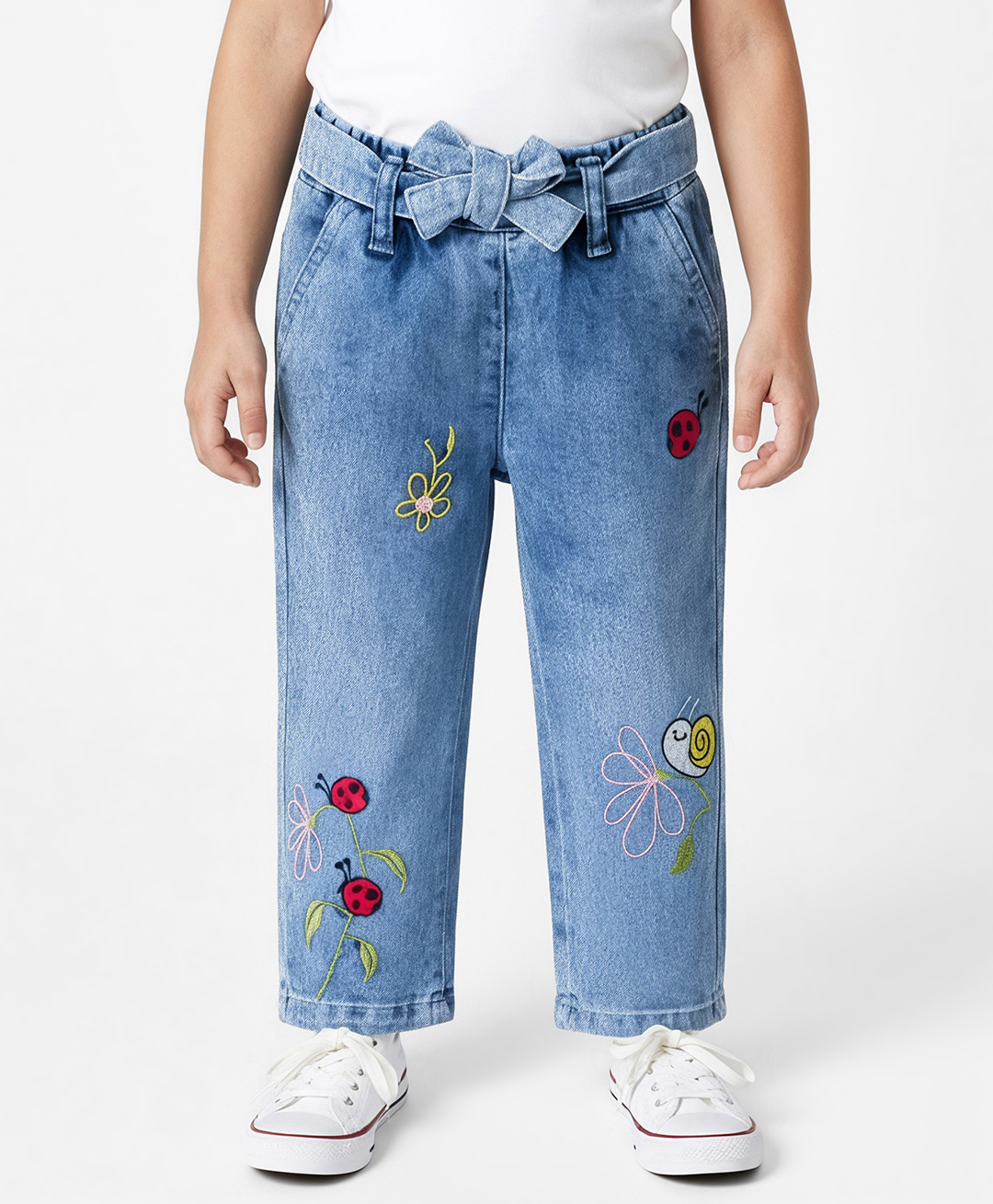 Bonfino Woven Full Length Denim Washed Jeans With Floral Embroidery - Light Blue-picture-13