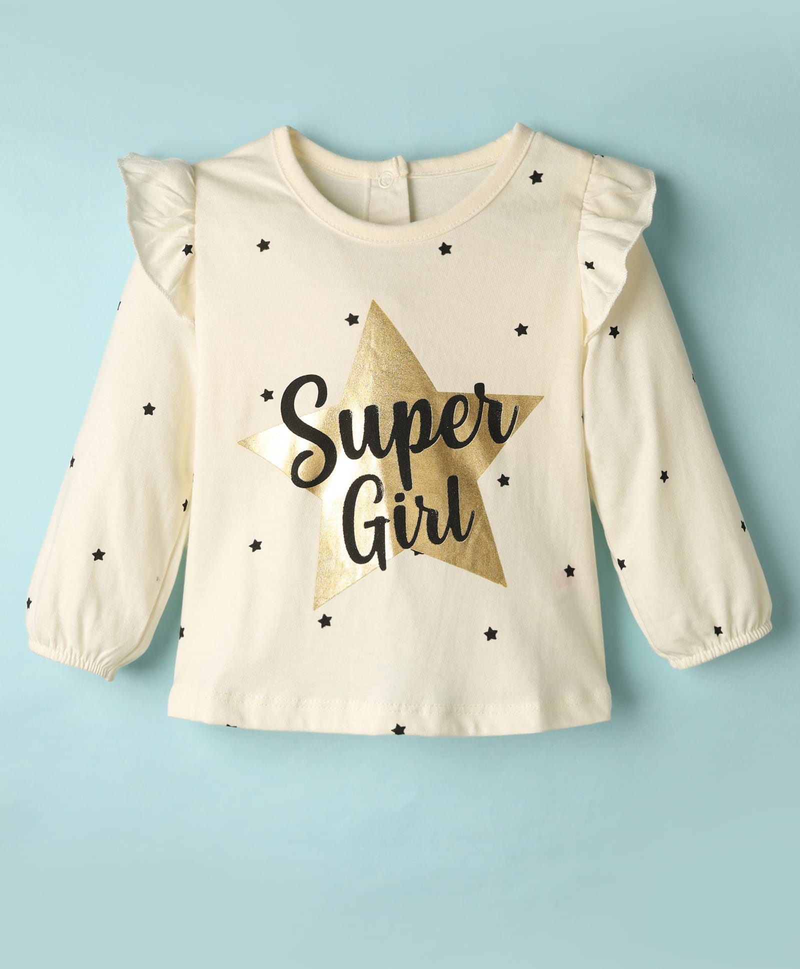 Babyhug 100% Cotton Knit Full Sleeves Top with Star Foil Print & Frill Detailing - Off White-image-33
