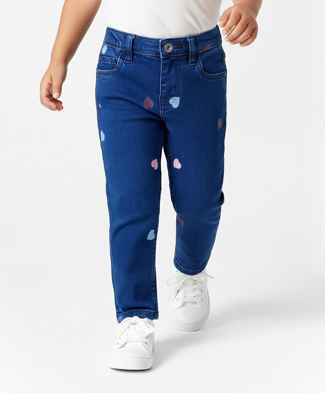 Bonfino Woven Full Length Washed Jeans With Heart Embriodery - Navy Blue-picture-21