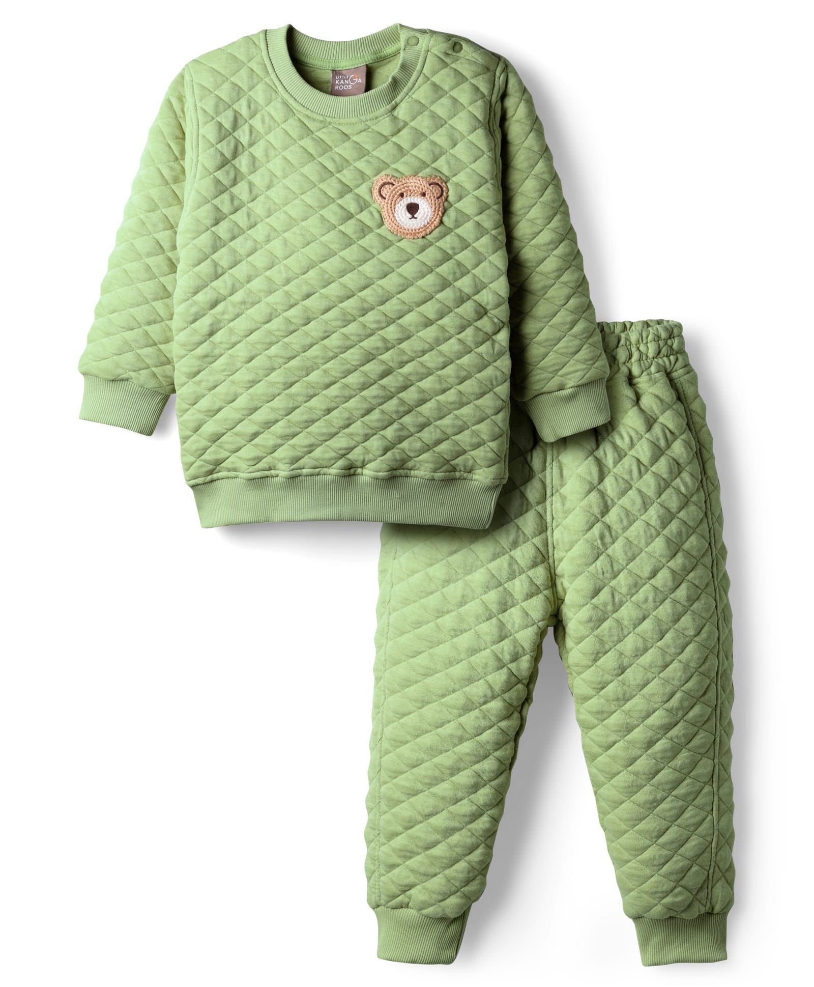 Little Kangaroos Woven Full Sleeves Quilted Winter Wear Sweatshirt & Lounge Pant with Bear Embroidery - Green-image-49