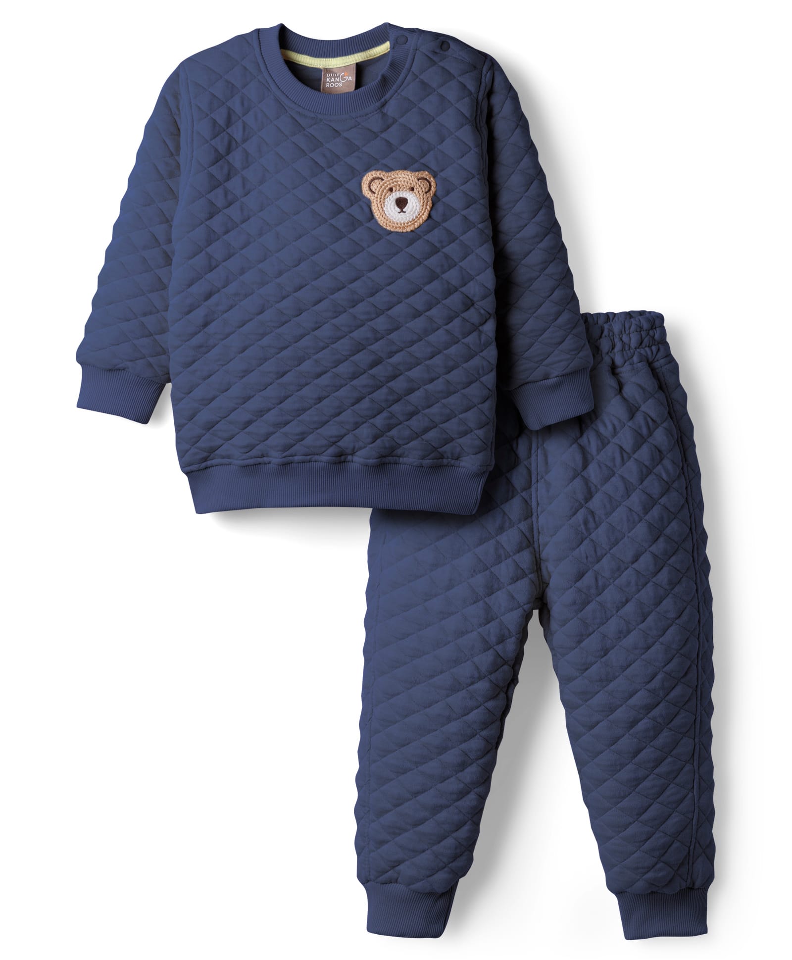 Little Kangaroos Woven Full Sleeves Quilted Winter Wear Sweatshirt & Lounge Pant with Bear Embroidery - Navy Blue-image-49