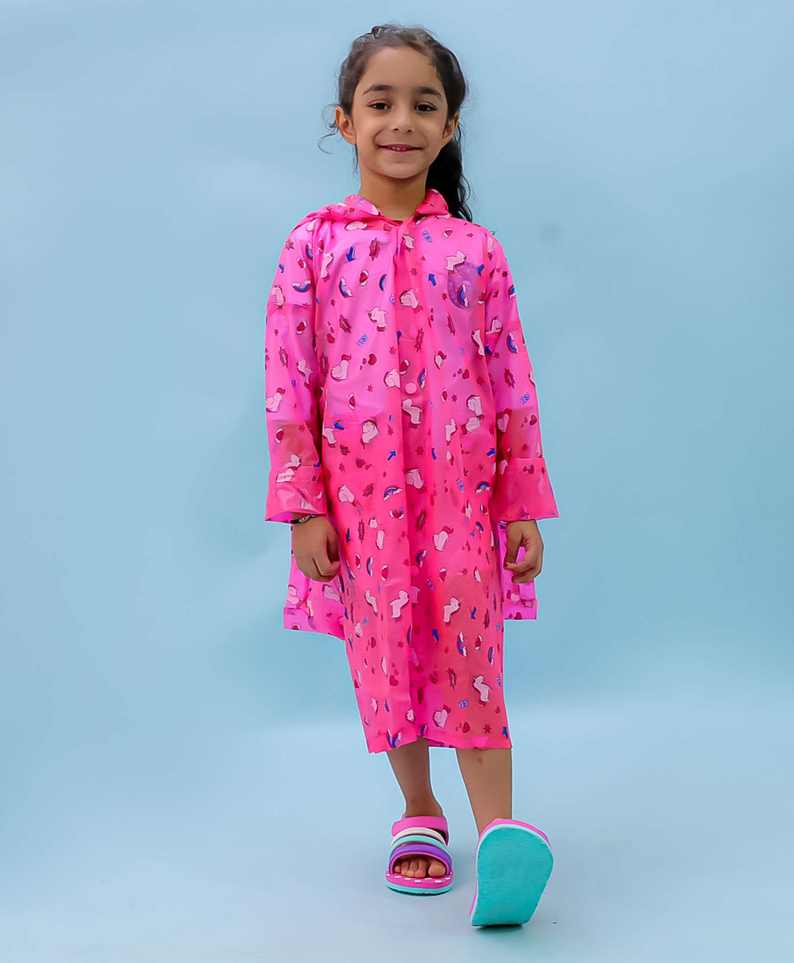 M'andy Polyester Full Sleeves Unicorns Printed Hooded Raincoat - Magenta